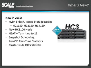 What’s New?
New in 2016!
• Hybrid Flash, Tiered Storage Nodes
– HC1150, HC2150, HC4150
• New HC1100 Node
• HEAT – Turn it up to 11
• Snapshot Scheduling
• Per-VM Real-Time Statistics
• Cluster-wide IOPS Statistic
 