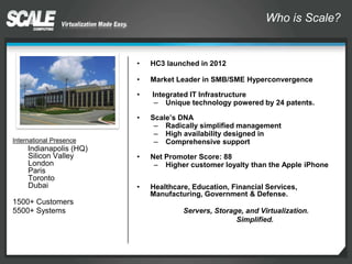 Who is Scale?
International Presence
Indianapolis (HQ)
Silicon Valley
London
Paris
Toronto
Dubai
1500+ Customers
5500+ Systems
• HC3 launched in 2012
• Market Leader in SMB/SME Hyperconvergence
• Integrated IT Infrastructure
– Unique technology powered by 24 patents.
• Scale’s DNA
– Radically simplified management
– High availability designed in
– Comprehensive support
• Net Promoter Score: 88
– Higher customer loyalty than the Apple iPhone
• Healthcare, Education, Financial Services,
Manufacturing, Government & Defense.
Servers, Storage, and Virtualization.
Simplified.
 