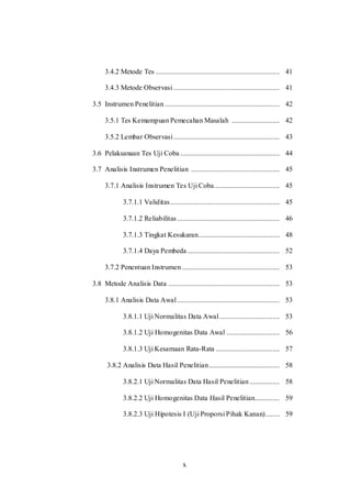 x
3.4.2 Metode Tes ...................................................................... 41
3.4.3 Metode Observasi ............................................................ 41
3.5 Instrumen Penelitian................................................................. 42
3.5.1 Tes Kemampuan Pemecahan Masalah ........................... 42
3.5.2 Lembar Observasi............................................................ 43
3.6 Pelaksanaan Tes Uji Coba ........................................................ 44
3.7 Analisis Instrumen Penelitian .................................................. 45
3.7.1 Analisis Instrumen Tes Uji Coba..................................... 45
3.7.1.1 Validitas.............................................................. 45
3.7.1.2 Reliabilitas.......................................................... 46
3.7.1.3 Tingkat Kesukaran.............................................. 48
3.7.1.4 Daya Pembeda .................................................... 52
3.7.2 Penentuan Instrumen ....................................................... 53
3.8 Metode Analisis Data ............................................................... 53
3.8.1 Analisis Data Awal.......................................................... 53
3.8.1.1 Uji Normalitas Data Awal.................................. 53
3.8.1.2 Uji Homogenitas Data Awal .............................. 56
3.8.1.3 Uji Kesamaan Rata-Rata .................................... 57
3.8.2 Analisis Data Hasil Penelitian........................................ 58
3.8.2.1 Uji Normalitas Data Hasil Penelitian ................. 58
3.8.2.2 Uji Homogenitas Data Hasil Penelitian.............. 59
3.8.2.3 Uji Hipotesis I (Uji Proporsi Pihak Kanan)........ 59
 