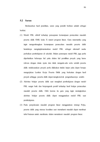86
5.2 Saran
Berdasarkan hasil penelitian, saran yang peneliti berikan adalah sebagai
berikut.
(1) Model PBL efektif terhadap pencapaian kemampuan pemecahan masalah
peserta didik SMK kelas X materi program linear. Guru matematika yang
ingin mengembangkan kemampuan pemecahan masalah peserta didik
hendaknya mengimplementasikan model PBL sebagai alternatif usaha
perbaikan pembelajaran di sekolah. Dalam penerapan model PBL juga perlu
diperhatikan beberapa hal yaitu dalam hal pemilihan proyek yang harus
relevan dengan dunia nyata dan tidak mengada-ada serta setelah peserta
didik melaksanakan proyek perlu dilakukan tindak lanjut yaitu dapat berupa
mengerjakan Lembar Kerja Peserta Didik yang berkaitan dengan hasil
proyek sehingga peserta didik dapat mengkonstruk pengetahuannya sendiri.
(2) Aktivitas belajar peserta didik saat mengikuti pembelajaran dengan model
PBL sangat baik dan berpengaruh positif terhadap hasil belajar pemecahan
masalah peserta didik. Oleh karena itu guru yang ingin meningkatkan
aktivitas belajar peserta didik dapat menggunakan model PBL saat
pembelajaran.
(3) Pada penyelesaian masalah program linear menggunakan strategi Polya,
peserta didik yang merasa kesulitan saat memahami masalah dapat membuat
tabel batasan untuk membantu dalam memahami masalah program linear.
 