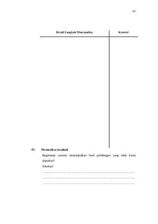 97
Detail Langkah Matematika Kontrol
IV. Memeriksa kembali
Bagaimana caramu menyimpulkan hasil perhitungan yang telah kamu
dapatkan?
Jelaskan!
……………………………………………………………………………
……………………………………………………………………………
……………………………………………………………………………
 