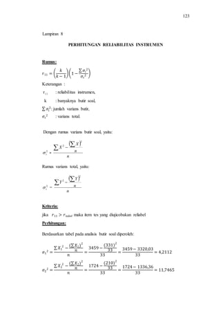 123
PERHITUNGAN RELIABILITAS INSTRUMEN
Rumus:
( )(
∑
)
Keterangan :
r11 : reliabilitas instrumen,
k : banyaknya butir soal,
∑ : jumlah varians butir,
: varians total.
Dengan rumus varians butir soal, yaitu:
2
i =
 
n
n
X
X
2
2  
Rumus varians total, yaitu:
2
t =
 
n
n
Y
Y
2
2  
Kriteria:
jika maka item tes yang diujicobakan reliabel
Perhitungan:
Berdasarkan tabel pada analisis butir soal diperoleh:
∑
∑
∑
∑
Lampiran 8
 