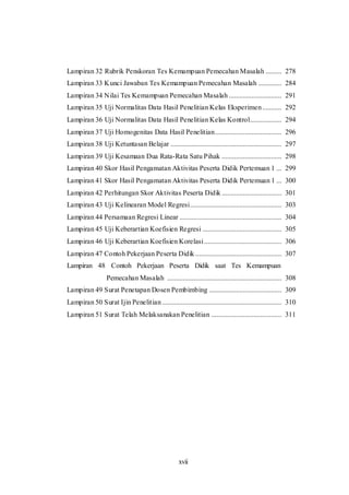 xvii
Lampiran 32 Rubrik Penskoran Tes Kemampuan Pemecahan Masalah ......... 278
Lampiran 33 Kunci Jawaban Tes Kemampuan Pemecahan Masalah ............. 284
Lampiran 34 Nilai Tes Kemampuan Pemecahan Masalah .............................. 291
Lampiran 35 Uji Normalitas Data Hasil Penelitian Kelas Eksperimen........... 292
Lampiran 36 Uji Normalitas Data Hasil Penelitian Kelas Kontrol.................. 294
Lampiran 37 Uji Homogenitas Data Hasil Penelitian...................................... 296
Lampiran 38 Uji Ketuntasan Belajar ............................................................... 297
Lampiran 39 Uji Kesamaan Dua Rata-Rata Satu Pihak .................................. 298
Lampiran 40 Skor Hasil Pengamatan Aktivitas Peserta Didik Pertemuan 1 ... 299
Lampiran 41 Skor Hasil Pengamatan Aktivitas Peserta Didik Pertemuan 1 ... 300
Lampiran 42 Perhitungan Skor Aktivitas Peserta Didik .................................. 301
Lampiran 43 Uji Kelinearan Model Regresi.................................................... 303
Lampiran 44 Persamaan Regresi Linear .......................................................... 304
Lampiran 45 Uji Keberartian Koefisien Regresi ............................................. 305
Lampiran 46 Uji Keberartian Koefisien Korelasi............................................ 306
Lampiran 47 Contoh Pekerjaan Peserta Didik ................................................. 307
Lampiran 48 Contoh Pekerjaan Peserta Didik saat Tes Kemampuan
Pemecahan Masalah ................................................................. 308
Lampiran 49 Surat Penetapan Dosen Pembimbing ......................................... 309
Lampiran 50 Surat Ijin Penelitian.................................................................... 310
Lampiran 51 Surat Telah Melaksanakan Penelitian ........................................ 311
 