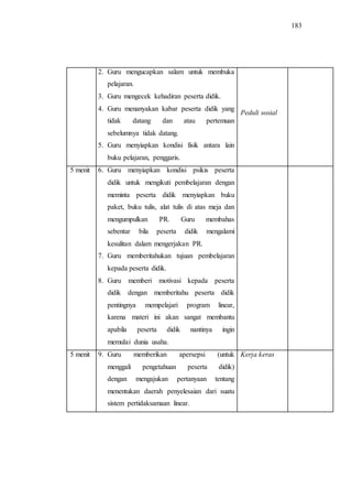 183
2. Guru mengucapkan salam untuk membuka
pelajaran.
3. Guru mengecek kehadiran peserta didik.
4. Guru menanyakan kabar peserta didik yang
tidak datang dan atau pertemuan
sebelumnya tidak datang.
5. Guru menyiapkan kondisi fisik antara lain
buku pelajaran, penggaris.
Peduli sosial
5 menit 6. Guru menyiapkan kondisi psikis peserta
didik untuk mengikuti pembelajaran dengan
meminta peserta didik menyiapkan buku
paket, buku tulis, alat tulis di atas meja dan
mengumpulkan PR. Guru membahas
sebentar bila peserta didik mengalami
kesulitan dalam mengerjakan PR.
7. Guru memberitahukan tujuan pembelajaran
kepada peserta didik.
8. Guru memberi motivasi kepada peserta
didik dengan memberitahu peserta didik
pentingnya mempelajari program linear,
karena materi ini akan sangat membantu
apabila peserta didik nantinya ingin
memulai dunia usaha.
5 menit 9. Guru memberikan apersepsi (untuk
menggali pengetahuan peserta didik)
dengan mengajukan pertanyaan tentang
menentukan daerah penyelesaian dari suatu
sistem pertidaksamaan linear.
Kerja keras
 
