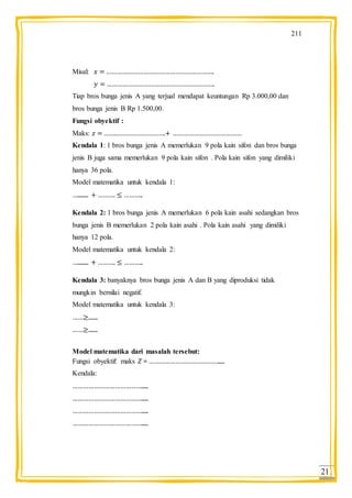 211
211
Misal: …………………………………………………….
…………………………………………………….
Tiap bros bunga jenis A yang terjual mendapat keuntungan Rp 3.000,00 dan
bros bunga jenis B Rp 1.500,00.
Fungsi obyektif :
Maks: …….………………………. …………………………………
Kendala 1: 1 bros bunga jenis A memerlukan 9 pola kain sifon dan bros bunga
jenis B juga sama memerlukan 9 pola kain sifon . Pola kain sifon yang dimiliki
hanya 36 pola.
Model matematika untuk kendala 1:
…........ ………. ………..
Kendala 2: 1 bros bunga jenis A memerlukan 6 pola kain asahi sedangkan bros
bunga jenis B memerlukan 2 pola kain asahi . Pola kain asahi yang dimiliki
hanya 12 pola.
Model matematika untuk kendala 2:
…........ ………. ………..
Kendala 3: banyaknya bros bunga jenis A dan B yang diproduksi tidak
mungkin bernilai negatif.
Model matematika untuk kendala 3:
…… .......
…… .......
Model matematika dari masalah tersebut:
Fungsi obyektif: maks = ………………………………….....
Kendala:
………………………………….....
………………………………….....
………………………………….....
………………………………….....
 