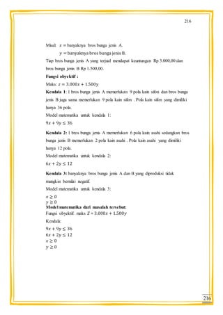 216
216
Misal: banyaknya bros bunga jenis A.
banyaknya bros bunga jenis B.
Tiap bros bunga jenis A yang terjual mendapat keuntungan Rp 3.000,00 dan
bros bunga jenis B Rp 1.500,00.
Fungsi obyektif :
Maks:
Kendala 1: 1 bros bunga jenis A memerlukan 9 pola kain sifon dan bros bunga
jenis B juga sama memerlukan 9 pola kain sifon . Pola kain sifon yang dimiliki
hanya 36 pola.
Model matematika untuk kendala 1:
Kendala 2: 1 bros bunga jenis A memerlukan 6 pola kain asahi sedangkan bros
bunga jenis B memerlukan 2 pola kain asahi . Pola kain asahi yang dimiliki
hanya 12 pola.
Model matematika untuk kendala 2:
Kendala 3: banyaknya bros bunga jenis A dan B yang diproduksi tidak
mungkin bernilai negatif.
Model matematika untuk kendala 3:
Model matematika dari masalah tersebut:
Fungsi obyektif: maks =
Kendala:
 