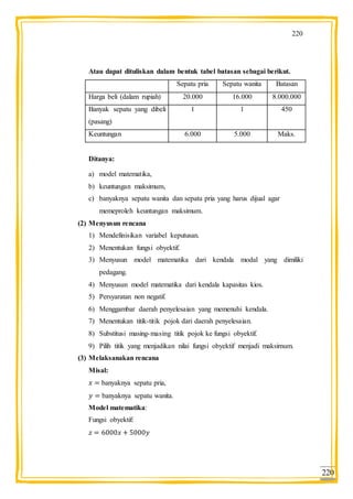 220
220
Atau dapat dituliskan dalam bentuk tabel batasan sebagai berikut.
Sepatu pria Sepatu wanita Batasan
Harga beli (dalam rupiah) 20.000 16.000 8.000.000
Banyak sepatu yang dibeli
(pasang)
1 1 450
Keuntungan 6.000 5.000 Maks.
Ditanya:
a) model matematika,
b) keuntungan maksimum,
c) banyaknya sepatu wanita dan sepatu pria yang harus dijual agar
memeproleh keuntungan maksimum.
(2) Menyusun rencana
1) Mendefinisikan variabel keputusan.
2) Menentukan fungsi obyektif.
3) Menyusun model matematika dari kendala modal yang dimiliki
pedagang.
4) Menyusun model matematika dari kendala kapasitas kios.
5) Persyaratan non negatif.
6) Menggambar daerah penyelesaian yang memenuhi kendala.
7) Menentukan titik-titik pojok dari daerah penyelesaian.
8) Substitusi masing-masing titik pojok ke fungsi obyektif.
9) Pilih titik yang menjadikan nilai fungsi obyektif menjadi maksimum.
(3) Melaksanakan rencana
Misal:
banyaknya sepatu pria,
banyaknya sepatu wanita.
Model matematika:
Fungsi obyektif:
 