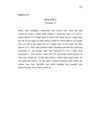 226
SOAL KUIS 2
(Pertemuan 2)
Pabrik mobil Brittingham memproduksi dua macam merk mobil mini yaitu
Nakula dan Sadewa. Dalam pabrik terdapat 3 departemen, yaitu A, B, dan C.
Nakula diproses di A dengan biaya per unit 20 juta rupiah, dan di C dengan biaya
per unit 80 juta rupiah dan tidak diproses melalui B. Sadewa diproses di B dengan
biaya per unit 30 juta rupiah dan di C dengan biaya 50 juta rupiah, dan tidak
diproses di A. Untuk setiap periode produksi disediakan dana 800 juta rupiah bagi
departemen A, satu setengah milyar bagi departemen B, dan 4 milyar untuk
departemen C. Pada periode I tahun 2010, PT Sekarwungu Mobil memesan 20
buah merk Nakula dan 10 buah merk Sadewa. Nakula dijual dengan harga 120
juta rupiah dan Sadewa 150 juta rupiah. Tentukan banyaknya mobil Nakula dan
Sadewa yang harus diproduksi agar pabrik mendapat hasil penjualan yang
sebesar-besarnya dari produksi periode itu.
Lampiran 23.5
 