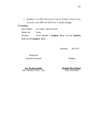 242
 Masrihani, et al. 2008. Matematika Program Keahlian Akuntansi dan
Penjualan untuk SMK dan MAK Kelas X. Jakarta: Erlangga.
VI. Penilaian
Jenis Penilaian : Tes tertulis, Laporan Proyek.
Bentuk soal : Uraian.
Instrumen : Kartu Masalah 2 (lampiran 24.1), soal kuis (lampiran
24.3), dan PR (lampiran 24.5).
Semarang, Mei 2013
Mengetahui
Guru Mata Pelajaran Praktikan
Drs. Wenang Asianto Marinda Ditya Putriari
NIP. 19640422 199512 1 002 NIM. 4101409015
 