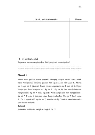 275
Detail Langkah Matematika Kontrol
4. Memeriksa kembali
Bagaimana caramu menyimpulkan hasil yang telah kamu dapatkan?
………………………………………………………………………………………
………………………………………………………………………………………
……………………………………………………………………………………
Masalah 4
Dalam suatu periode waktu produksi, disamping menjual melalui toko, pabrik
kimia Nitrogunanusa menerima pesanan 320 kg zat A dan 120 kg zat B. Adapun
zat A dan zat B diperoleh dengan proses pencampuran zat P dan zat Q. Proses
dengan cara lama menggunakan 1 kg zat P, 3 kg zat Q, dan suatu bahan dasar
menghasilkan 5 kg zat A dan 2 kg zat B. Proses dengan cara baru menggunakan 4
kg zat P, 2 kg zat Q dan suatu bahan dasar menghasilkan 3 kg zat A dan 8 kg zat
B. Zat P tersedia 600 kg dan zat Q tersedia 480 kg. Tentukan model matematika
dari masalah tersebut!
Petunjuk
Selesaikan soal berikut mengikuti langkah I IV.
 