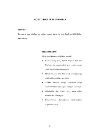 iv
MOTTO DAN PERSEMBAHAN
MOTTO
Ing ngarsa sung tuladha, ing madya mangun karsa, tut wuri handayani (Ki Hadjar
Dewantara).
PERSEMBAHAN
Skripsi ini kupersembahkan untuk:
Kedua orang tua, Bapak Suyadi dan Ibu
Widyah Hertiyasi (alm) atas waktu yang
telah dihabiskan bersamaku.
Mbah mi atas doa dan kasih sayang yang
selalu dilimpahkan untukku.
Adikku, Oceano Ditya Achmadi yang
selalu memberi semangat dengan caranya.
Sahabatku Ika, Pipit, Sovi yang telah
memberiku dukungan.
Teman-teman Pendidikan Matematika
Angkatan 2009.
 