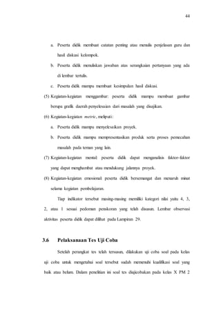 44
a. Peserta didik membuat catatan penting atau menulis penjelasan guru dan
hasil diskusi kelompok.
b. Peserta didik menuliskan jawaban atas serangkaian pertanyaan yang ada
di lembar tertulis.
c. Peserta didik mampu membuat kesimpulan hasil diskusi.
(5) Kegiatan-kegiatan menggambar: peserta didik mampu membuat gambar
berupa grafik daerah penyelesaian dari masalah yang disajikan.
(6) Kegiatan-kegiatan metric, meliputi:
a. Peserta didik mampu menyelesaikan proyek.
b. Peserta didik mampu mempresentasikan produk serta proses pemecahan
masalah pada teman yang lain.
(7) Kegiatan-kegiatan mental: peserta didik dapat menganalisis faktor-faktor
yang dapat menghambat atau mendukung jalannya proyek.
(8) Kegiatan-kegiatan emosional: peserta didik bersemangat dan menaruh minat
selama kegiatan pembelajaran.
Tiap indikator tersebut masing-masing memiliki kategori nilai yaitu 4, 3,
2, atau 1 sesuai pedoman penskoran yang telah disusun. Lembar observasi
aktivitas peserta didik dapat dilihat pada Lampiran 29.
3.6 Pelaksanaan Tes Uji Coba
Setelah perangkat tes telah tersusun, dilakukan uji coba soal pada kelas
uji coba untuk mengetahui soal tersebut sudah memenuhi kualifikasi soal yang
baik atau belum. Dalam penelitian ini soal tes diujicobakan pada kelas X PM 2
 
