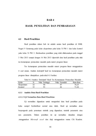 66
BAB 4
HASIL PENELITIAN DAN PEMBAHASAN
4.1 Hasil Penelitian
Hasil penelitian dalam bab ini adalah uraian hasil penelitian di SMK
Negeri 9 Semarang pada kelas eksperimen yaitu kelas X PM 1 dan kelas kontrol
yaitu kelas X PM 3. Berdasarkan penelitian yang telah dilaksanakan pada tanggal
3 Mei 2013 sampai dengan 16 Mei 2013 diperoleh data hasil penelitian yaitu nilai
tes kemampuan pemecahan masalah pada materi program linear.
Tes kemampuan pemecahan masalah materi program linear menggunakan
4 soal uraian. Analisis deskriptif hasil tes kemampuan pemecahan masalah materi
program linear ditunjukkan pada tabel 4.1 berikut.
Tabel 4.1 Analisis Deskriptif Hasil Tes Kemampuan Pemecahan Masalah
Kelas N Nilai Tertinggi Nilai Terendah Rata-Rata
Eksperimen 32 94 47 76,25
Kontrol 32 93 46 71,44
4.1.1 Analisis Data Hasil Penelitian
4.1.1.1 Uji Normalitas Data Hasil Penelitian
Uji normalitas digunakan untuk mengetahui data hasil penelitian pada
kelas sampel berdistribusi normal atau tidak. Hasil uji normalitas akan
berpengaruh pada penentuan statistik yang digunakan, statistik parametris atau
non parametris. Dalam penelitian ini uji normalitas dianalisis dengan
.menggunakan Microsoft excel dan diuji menggunakan rumus Chi Kuadrat.
 