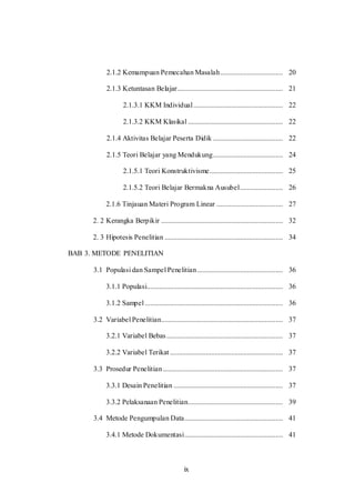 ix
2.1.2 Kemampuan Pemecahan Masalah................................... 20
2.1.3 Ketuntasan Belajar........................................................... 21
2.1.3.1 KKM Individual.................................................. 22
2.1.3.2 KKM Klasikal ..................................................... 22
2.1.4 Aktivitas Belajar Peserta Didik ....................................... 22
2.1.5 Teori Belajar yang Mendukung....................................... 24
2.1.5.1 Teori Konstruktivisme......................................... 25
2.1.5.2 Teori Belajar Bermakna Ausubel........................ 26
2.1.6 Tinjauan Materi Program Linear ..................................... 27
2. 2 Kerangka Berpikir .................................................................... 32
2. 3 Hipotesis Penelitian .................................................................. 34
BAB 3. METODE PENELITIAN
3.1 Populasi dan Sampel Penelitian................................................ 36
3.1.1 Populasi............................................................................ 36
3.1.2 Sampel ............................................................................. 36
3.2 Variabel Penelitian.................................................................... 37
3.2.1 Variabel Bebas................................................................. 37
3.2.2 Variabel Terikat ............................................................... 37
3.3 Prosedur Penelitian................................................................... 37
3.3.1 Desain Penelitian ............................................................. 37
3.3.2 Pelaksanaan Penelitian..................................................... 39
3.4 Metode Pengumpulan Data....................................................... 41
3.4.1 Metode Dokumentasi....................................................... 41
 