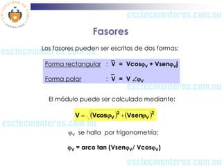 Fasores
Los fasores pueden ser escritos de dos formas:

 Forma rectangular : V = VcosjV + VsenjVj

 Forma polar          : V = V jV


  El módulo puede ser calculado mediante:

           V   Vcosj V 2  Vsenj V 2

        jV se halla por trigonometría:

        jV = arco tan (VsenjV/ VcosjV)
 