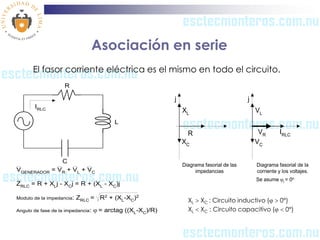 Asociación en serie
       El fasor corriente eléctrica es el mismo en todo el circuito.
                    R

                                                            j                              j
       IRLC
                                                                XL                             VL
                                          L
                                                                  R                             VR        IRLC
                                                                XC                             VC

                  C
                                                                Diagrama fasorial de las       Diagrama fasorial de la
VGENERADOR     = VR + VL + VC                                        impedancias               corriente y los voltajes.
                                                                                               Se asume ji = 0o
ZRLC = R + XLj - XCj = R + (XL - XC)j

Modulo de la impedancia:   ZRLC = R2 + (XL-XC)2                   XL  XC : Circuito inductivo (j  0°)
Angulo de fase de la impedancia:   j = arctag ((XL-XC)/R)         XL  XC : Circuito capacitivo (j  0°)
 