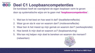 Deel C1 Loopbaancompetenties
De kandidaat heeft de vaardigheid de eigen loopbaan vorm te geven
door op systematische wijze...