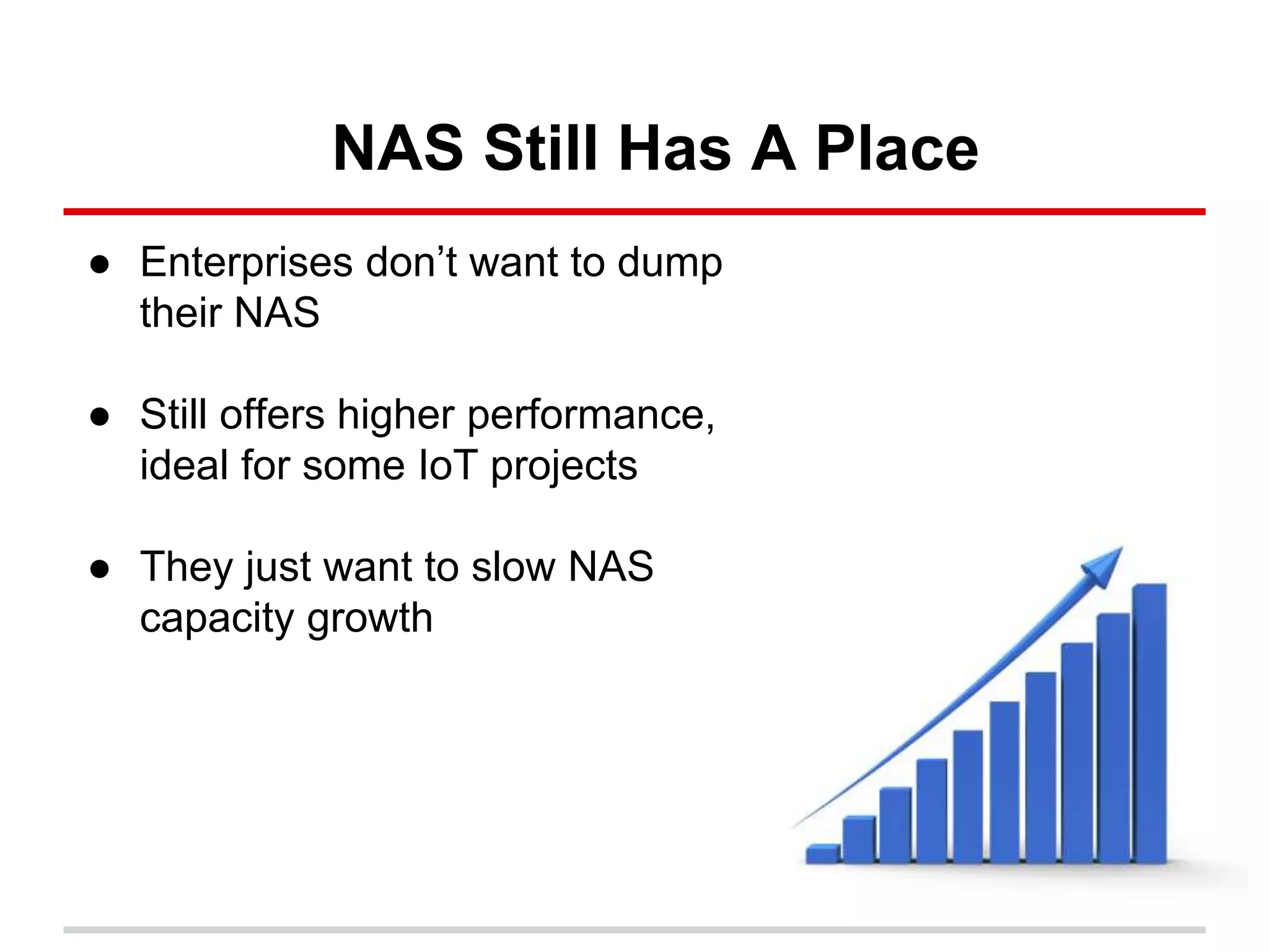 NAS Still Has A Place
● Enterprises don’t want to dump
their NAS
● Still offers higher performance,
ideal for some IoT projects
● They just want to slow NAS
capacity growth
 