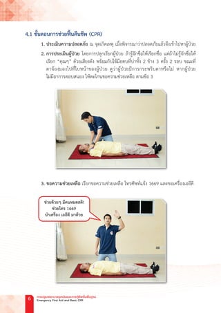 4.1 ขั้นตอนการช่วยฟื้นคืนชีพ (CPR)
1. ประเมินความปลอดภัย ณ จุดเกิดเหตุ เมื่อพิจารณาว่าปลอดภัยแล้วจึงเข้าไปหาผู้ป่วย
2. การประเมินผู้ป่วย โดยการปลุกเรียกผู้ป่วย ถ้ารู้จักชื่อให้เรียกชื่อ แต่ถ้าไม่รู้จักชื่อให้
เรียก “คุณๆ” ด้วยเสียงดัง พร้อมกับใช้มือตบที่บ่าทั้ง 2 ข้าง 3 ครั้ง 2 รอบ ขณะที่
ตาจ้องมองไปที่ใบหน้าของผู้ป่วย ดูว่าผู้ป่วยมีการกระพริบตาหรือไม่ หากผู้ป่วย
ไม่มีอาการตอบสนอง ให้ตะโกนขอความช่วยเหลือ ตามข้อ 3
3. ขอความช่วยเหลือ เรียกขอความช่วยเหลือ โทรศัพท์แจ้ง 1669 และขอเครื่องเออีดี
ช่วยด้วยๆ มีคนหมดสติ!
ช่วยโทร 1669
น�ำเครื่อง เออีดี มาด้วย
การปฐมพยาบาลฉุกเฉินและการกู้ชีพขั้นพื้นฐาน
Emergency First Aid and Basic CPR
6
 