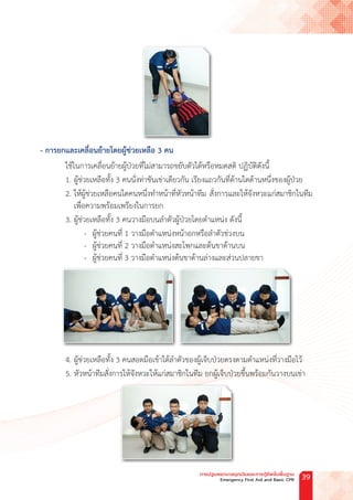 - การยกและเคลื่อนย้ายโดยผู้ช่วยเหลือ 3 คน
ใช้ในการเคลื่อนย้ายผู้ป่วยที่ไม่สามารถขยับตัวได้หรือหมดสติ ปฏิบัติดังนี้
1. ผู้ช่วยเหลือทั้ง 3 คนนั่งท่าชันเข่าเดียวกัน เรียงแถวกันที่ด้านใดด้านหนึ่งของผู้ป่วย
2. ให้ผู้ช่วยเหลือคนใดคนหนึ่งท�ำหน้าที่หัวหน้าทีม สั่งการและให้จังหวะแก่สมาชิกในทีม
เพื่อความพร้อมเพรียงในการยก
3. ผู้ช่วยเหลือทั้ง 3 คนวางมือบนล�ำตัวผู้ป่วยโดยต�ำแหน่ง ดังนี้
- ผู้ช่วยคนที่ 1 วางมือต�ำแหน่งหน้าอกหรือล�ำตัวช่วงบน
- ผู้ช่วยคนที่ 2 วางมือต�ำแหน่งสะโพกและต้นขาด้านบน
- ผู้ช่วยคนที่ 3 วางมือต�ำแหน่งต้นขาด้านล่างและส่วนปลายขา
4. ผู้ช่วยเหลือทั้ง 3 คนสอดมือเข้าใต้ล�ำตัวของผู้เจ็บป่วยตรงตามต�ำแหน่งที่วางมือไว้
5. หัวหน้าทีมสั่งการให้จังหวะให้แก่สมาชิกในทีม ยกผู้เจ็บป่วยขึ้นพร้อมกันวางบนเข่า
การปฐมพยาบาลฉุกเฉินและการกู้ชีพขั้นพื้นฐาน
Emergency First Aid and Basic CPR 39
 