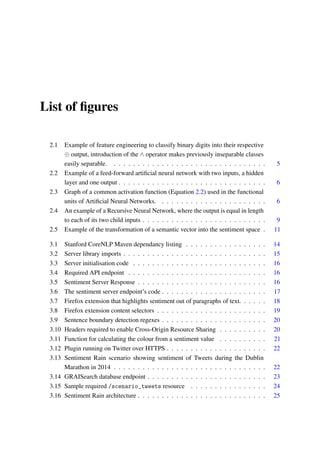 List of ﬁgures
2.1 Example of feature engineering to classify binary digits into their respective
⊕ output, introduction of the ∧ operator makes previously inseparable classes
easily separable. . . . . . . . . . . . . . . . . . . . . . . . . . . . . . . . . 5
2.2 Example of a feed-forward artiﬁcial neural network with two inputs, a hidden
layer and one output . . . . . . . . . . . . . . . . . . . . . . . . . . . . . . . 6
2.3 Graph of a common activation function (Equation 2.2) used in the functional
units of Artiﬁcial Neural Networks. . . . . . . . . . . . . . . . . . . . . . . 6
2.4 An example of a Recursive Neural Network, where the output is equal in length
to each of its two child inputs . . . . . . . . . . . . . . . . . . . . . . . . . . 9
2.5 Example of the transformation of a semantic vector into the sentiment space . 11
3.1 Stanford CoreNLP Maven dependancy listing . . . . . . . . . . . . . . . . . 14
3.2 Server library imports . . . . . . . . . . . . . . . . . . . . . . . . . . . . . . 15
3.3 Server initialisation code . . . . . . . . . . . . . . . . . . . . . . . . . . . . 16
3.4 Required API endpoint . . . . . . . . . . . . . . . . . . . . . . . . . . . . . 16
3.5 Sentiment Server Response . . . . . . . . . . . . . . . . . . . . . . . . . . . 16
3.6 The sentiment server endpoint’s code . . . . . . . . . . . . . . . . . . . . . . 17
3.7 Firefox extension that highlights sentiment out of paragraphs of text. . . . . . 18
3.8 Firefox extension content selectors . . . . . . . . . . . . . . . . . . . . . . . 19
3.9 Sentence boundary detection regexes . . . . . . . . . . . . . . . . . . . . . . 20
3.10 Headers required to enable Cross-Origin Resource Sharing . . . . . . . . . . 20
3.11 Function for calculating the colour from a sentiment value . . . . . . . . . . 21
3.12 Plugin running on Twitter over HTTPS . . . . . . . . . . . . . . . . . . . . . 22
3.13 Sentiment Rain scenario showing sentiment of Tweets during the Dublin
Marathon in 2014 . . . . . . . . . . . . . . . . . . . . . . . . . . . . . . . . 22
3.14 GRAISearch database endpoint . . . . . . . . . . . . . . . . . . . . . . . . . 23
3.15 Sample required /scenario_tweets resource . . . . . . . . . . . . . . . . 24
3.16 Sentiment Rain architecture . . . . . . . . . . . . . . . . . . . . . . . . . . . 25
 