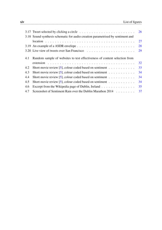 xiv List of ﬁgures
3.17 Tweet selected by clicking a circle . . . . . . . . . . . . . . . . . . . . . . . 26
3.18 Sound synthesis schematic for audio creation parametrised by sentiment and
location . . . . . . . . . . . . . . . . . . . . . . . . . . . . . . . . . . . . . 27
3.19 An example of a ASDR envelope . . . . . . . . . . . . . . . . . . . . . . . . 28
3.20 Live view of tweets over San Francisco . . . . . . . . . . . . . . . . . . . . 29
4.1 Random sample of websites to test effectiveness of content selection from
extension . . . . . . . . . . . . . . . . . . . . . . . . . . . . . . . . . . . . 32
4.2 Short movie review [5], colour coded based on sentiment . . . . . . . . . . . 33
4.3 Short movie review [5], colour coded based on sentiment . . . . . . . . . . . 34
4.4 Short movie review [5], colour coded based on sentiment . . . . . . . . . . . 34
4.5 Short movie review [5], colour coded based on sentiment . . . . . . . . . . . 34
4.6 Excerpt from the Wikipedia page of Dublin, Ireland . . . . . . . . . . . . . . 35
4.7 Screenshot of Sentiment Rain over the Dublin Marathon 2014 . . . . . . . . 37
 