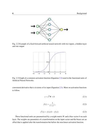 6 Background
Fig. 2.2 Example of a feed-forward artiﬁcial neural network with two inputs, a hidden layer
and one output
Fig. 2.3 Graph of a common activation function (Equation 2.2) used in the functional units of
Artiﬁcial Neural Networks.
convenient derivative that is in terms of its input (Equation 2.3). More on activation functions
to follow.
z = xT
W +b (2.1)
f(z) =
1
1+e−z
(2.2)
f (z) = f(z)(1− f(z)) (2.3)
These functional units are parametrised by a weight matrix W and a bias vector b on each
layer. The weights are parameters of a transformation on the input vector and the biases are an
offset that is applied after the transformation but before the non-linear activation function.
 