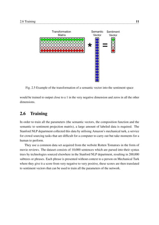 2.6 Training 11
Fig. 2.5 Example of the transformation of a semantic vector into the sentiment space
would be trained to output close to a 1 in the very negative dimension and zeros in all the other
dimensions.
2.6 Training
In order to train all the parameters (the semantic vectors, the composition function and the
semantic to sentiment projection matrix), a large amount of labeled data is required. The
Stanford NLP department collected this data by utilising Amazon’s mechanical turk, a service
for crowd sourcing tasks that are difﬁcult for a computer to carry out but take moments for a
human to perform.
They use a common data set acquired from the website Rotten Tomatoes in the form of
movie reviews. The dataset consists of 10,000 sentences which are parsed into their syntax
trees by technologies sourced elsewhere in the Stanford NLP department, resulting in 200,000
subtrees or phrases. Each phrase is presented without context to a person on Mechanical Turk
where they give it a score from very negative to very positive, these scores are then translated
to sentiment vectors that can be used to train all the parameters of the network.
 