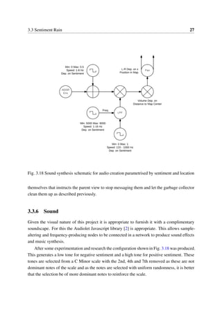 3.3 Sentiment Rain 27
Fig. 3.18 Sound synthesis schematic for audio creation parametrised by sentiment and location
themselves that instructs the parent view to stop messaging them and let the garbage collector
clean them up as described previously.
3.3.6 Sound
Given the visual nature of this project it is appropriate to furnish it with a complimentary
soundscape. For this the Audiolet Javascript library [2] is appropriate. This allows sample-
altering and frequency-producing nodes to be connected in a network to produce sound effects
and music synthesis.
After some experimentation and research the conﬁguration shown in Fig. 3.18 was produced.
This generates a low tone for negative sentiment and a high tone for positive sentiment. These
tones are selected from a C Minor scale with the 2nd, 4th and 7th removed as these are not
dominant notes of the scale and as the notes are selected with uniform randomness, it is better
that the selection be of more dominant notes to reinforce the scale.
 