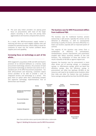 •   The pure play Indian providers are placing great             The business case for BPO Procurement differs
    focus on procurement, with most of the larger                from traditional F&A
    players recruiting in this area and pricing deals
    aggressively to win business and grow their practice.
                                                                 The business case for traditional business process
                                                                 outsourcing is well proven; typically the service can be
                                                                 delivered as effectively, i.e. with no consequential
As a result, the BPO-Procurement supply market is
                                                                 worsening in quality of service, and more efficiently in a
maturing and there are more eligible suppliers who will
                                                                 lower cost location, typically with an improved system of
compete for potential business, which makes it easier for
                                                                 controls.
customers to move into the market confident about
supplier price and capability.                                   The majority of the business case comes from a
                                                                 combination       of     efficiency   of     centralisation,
                                                                 standardisation, process improvement and automation
Increasing focus on technology as part of the                    coupled with labour economic benefits of low cost
whole…                                                           locations. The combination of these two factors can
                                                                 result in benefits of 40-50% as against original cost.
With Capgemini’s acquisition of IBX and SAP and Oracle’s         However the business case for procurement is more
provision of on demand (Software as a Service, SaaS)             often driven out of sourcing savings, or compliance
procurement technology solutions, the provision of SaaS          savings, i.e. effectiveness savings, which can dwarf the
procurement technology on demand now seems to be a               efficiency savings. Also the efficiency savings in
standard part of the BPO Procurement proposition. For            procurement are often less (perhaps 20-30%) as the
both eProcurement and eSourcing, customers expect                resources will need to be located across locations other
service providers to be able to provide a suite of               than India and other Far Eastern low cost locations,
integrated services and technology as a service. This            hence average saving will be less than the 40-50% above.
gives them an option other than undertaking complex
and expensive technology implementations that sit
behind their own firewalls.




             Figure 2: Building the business case for BPO Procurement


                                                            10
 