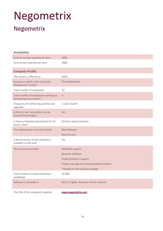 Negometrix
Negometrix


Availability
Current version operational since        2009
First version operational since          2000


Company Profile
The service is offered as:               SAAS
Country in which is the Corporate        The Netherlands
Headquarter located
Total number of employees                14
Total number of employees working on     4
developing the product?
Frequency for delivering patches and     1 x per month
upgrades
Is there a user association set-up       Yes
around the package?

Is there a helpdesk operational for 24   Only for special projects
hours a day?
The maintenance contract include         New Releases
                                         New Version
A demo-version of the software is        Yes
available on the web

The company provides                     Helpdesk support
                                         Bespoke software
                                         Implementation support
                                         Project management during Implementation
                                         Training on the supplied package
Total number of implementations          10.000
worldwide
Software is available in                 Dutch, English, German, French, Russian


The URL of the company's website         www.negometrix.com




                                                           79
 