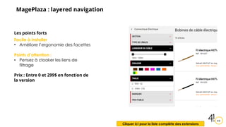 MagePlaza : layered navigation
Les points forts
Facile à installer
• Améliore l’ergonomie des facettes
Points d’attention ...