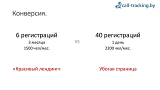 Конверсия.
6 регистраций
3 месяца
1500 чел/мес.
40 регистраций
1 день
2200 чел/мес.
VS
«Красивый лендинг» Убогая страница
 