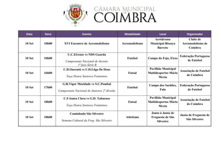 Data Hora Evento Modalidade Local Organizador
10 Set 10h00 XVI Encontro de Aeromodelismo Aeromodelismo
Aeródromo
Municipal Bissaya
Barreto
Clube de
Aeromodelismo de
Coimbra
10 Set 10h00
U.C.Eirense vs NDS Guarda
Campeonato Nacional de Juvenis
1ª fase-Série B
Futebol Campo do Fojo, Eiras
Federação Portuguesa
de Futebol
10 Set 16h00
C.D.Ourentã vs U.D.Lôgo De Deus
Taça Honra Seniores Femininos
Futsal
Pavilhão Municipal
Multidesportos Mário
Mexia
Associação de Futebol
de Coimbra
10 Set 17h00
G.R.Vigor Mocidade vs S.C.Pombal
Campeonato Nacional de Juniores 2ª divisão
Futebol
Campo dos Sardões,
Fala
Federação Portuguesa
de Futebol
10 Set 18h00
C.F.Santa Clara vs G.D. Tabuense
Taça Honra Seniores Femininos
Futsal
Pavilhão Municipal
Multidesportos Mário
Mexia
Associação de Futebol
de Coimbra
10 Set 18h00
Caminhada São Silvestre
Semana Cultural da Freg. São Silvestre
Atletismo
Junto à Junta de
Freguesia de São
Silvestre
Junta de Freguesia de
São Silvestre
 