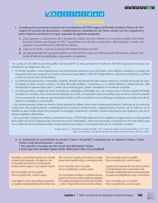 I. A continuación se presenta un extracto de las resoluciones del XXII Congreso del Partido Socialista Chileno, de 1967.
A partir de la lectura del documento, y considerando los contenidos de este Tema, reúnete con dos compañeros y
juntos elaboren un informe en el que respondan las siguientes preguntas:
1. ¿Qué aspectos o características de la Revolución cubana tuvieron inﬂuencia en la postura política del Partido
Socialista Chileno, proclamada en 1967? Argumenten esta relación, enumerando y desarrollando, al menos, dos
aspectos o características de la Revolución cubana.
2. ¿Qué era la OLAS y cuál era la relación del Partido Socialista con ella?
3. ¿En qué postulados de la posición política nacional del PS se aprecia la inﬂuencia de la Revolución cubana? Enu-
meren al menos dos postulados y argumenten su respuesta.
II. A continuación te presentamos la canción “Canto a mi pueblo”, compuesta por el cantautor cubano, Carlos
Puebla. Léela detenidamente, y señala:
• Tres aspectos o mensajes que den cuenta de la Revolución cubana.
• ¿Crees que estos mensajes siguen siendo válidos para Cuba, en la actualidad?
A c t i v i d a d
“En cuanto al voto sobre la posición política nacional del PS su texto aprobado en el plenario del XXII Congreso General por una-
nimidad de sus integrantes, dice así:
1. El Partido Socialista, como organización marxista-leninista, plantea la toma del poder como objetivo estratégico a cumplir por
esta generación, para instaurar un estado revolucionario que libere a Chile de la dependencia y del retraso económico y cultural
e inicie la construcción del socialismo.
2. La violencia revolucionaria es inevitable y legítima. Resulta necesariamente del carácter represivo y armado del estado de clase.
Constituye la única vía que conduce a la toma del poder político y económico y, a su ulterior defensa y fortalecimiento. Sólo
destruyendo el aparato burocrático y militar del estado burgués, puede consolidarse la revolución socialista.
3. Las formas pacíﬁcas o legales de lucha (reivindicativa, ideológicas, electorales, etc.) no conducen por sí mismas al poder. El Partido
Socialista las considera como instrumentos limitados de acción, incorporados al proceso político que nos lleva a la lucha armada.
Consecuentemente, las alianzas que el partido establezca sólo se justiﬁcan en la medida que contribuyen a la realización de los
objetivos estratégicos ya precisados…
…Los acontecimientos vividos en América Latina durante los últimos años como consecuencia directa o indirecta de la revolución
cubana han ido progresivamente continentalizando el proceso revolucionario y desplazándolo al terreno de la violencia, en la
medida en que el imperialismo ha acentuado su estrategia continental y mundial contrarrevolucionaria para oponerse a los movi-
mientos populares liberadores…
…En las actuales condiciones chilenas y latinoamericanas, el FRAP debe adecuarse en sus objetivos y organización a la línea general
de la política de OLAS [Organización Latinoamericana de Solidaridad], y debe estar destinado a convertirse en el Frente Político que
una a todas las fuerzas antiimperialistas revolucionarias que luchen consecuentemente por la revolución socialista.”
Fuente: Jobet, J. C. “El Partido Socialista de Chile”, 1971; citado en Historia documental del PSCH, 1933-1993.
Signos de Identidad. Concepción: Instituto de Estudios Latinoamericanos (IELCO), (1993).
Mi pueblo ya no está triste,mi pueblo vive cantando,
mi pueblo está trabajando y de alegría se viste.
En mi pueblo está latente la fe revolucionaria
triunfa la reforma agraria y más se quiere la gente
Este es mi pueblo, este es mi pueblo
Este es mi pueblo feliz, cuanto lo quiero
Como llegó la ocasión que estábamos esperando
yaelpueblonoestápensandotansóloenbailarelson.
Ahora es mayor la alegría, pues tenemos la ventaja
de que ahora el pueblo trabaja y come todos los días
Este es mi pueblo, este es mi pueblo
este es mi pueblo feliz, cuanto lo quiero
Ya no hay hombresintrabajo,ni campesinosintierra
pueslaleydela sierraseestácumpliendoaquíabajo
Enmipuebloestándespiertaslasfuerzasdelsocialismo
y contra el imperialismo están las mentes abiertas
Este es mi pueblo, este es mi pueblo
Este es mi pueblo feliz, cuanto lo quiero
La gente está convencida de lo que más le conviene
y esta libertad que tiene es para toda la vida.
Sinmiedoalimperialismoquenosestáamenazando,
mi pueblo está trabajando por la paz y el socialismo
Este es mi pueblo, este es mi pueblo
Este es mi pueblo feliz, cuanto lo quiero
U N I D A D 3
105Capítulo 1 / 1960, una década de profundas transformaciones
U3 HISTORIA IIIº MEDIO 2012.indd 105 08-01-13 17:18
 