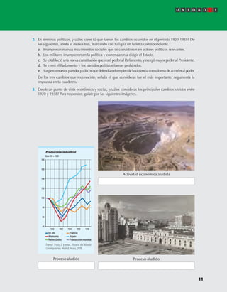U N I D A D 1
11
2. En términos políticos, ¿cuáles crees tú que fueron los cambios ocurridos en el período 1920-1938? De
los siguientes, anota al menos tres, marcando con tu lápiz en la letra correspondiente.
a. Irrumpieron nuevos movimientos sociales que se convirtieron en actores políticos relevantes.
b. Los militares irrumpieron en la política y comenzaron a dirigir el Estado.
c. Se estableció una nueva constitución que restó poder al Parlamento, y otorgó mayor poder al Presidente.
d. Se cerró el Parlamento y los partidos políticos fueron prohibidos.
e. Surgieronnuevospartidospolíticosquedefendíanelempleodelaviolenciacomoformadeaccederalpoder.
De los tres cambios que reconociste, señala el que consideras fue el más importante. Argumenta la
respuesta en tu cuaderno.
3. Desde un punto de vista económico y social, ¿cuáles consideras los principales cambios vividos entre
1920 y 1938? Para responder, guíate por las siguientes imágenes.
Proceso aludido
Actividad económica aludida
Proceso aludido
Fuente: Prats, J. y otros. Historia del Mundo
Contemporáneo. Madrid: Anaya, 2008.
EE.UU.
Alemania
Reino Unido
Francia
Japón
Producción mundial
Producción industrial
160
140
120
100
80
60
40
1930 1932 1934 1936 1938
180
Base 100 = 1929
U1 HISTORIA IIIº MEDIO 2012.indd 11 07-01-13 16:34
 