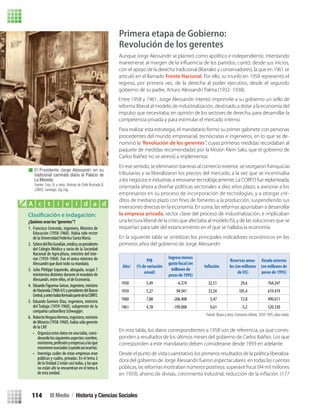 Primera etapa de Gobierno:
Revolución de los gerentes
Para realizar esta estrategia, el mandatario formó su primer gabinete con personas
procedentes del mundo empresarial, tecnócratas e ingenieros, en lo que se de-
nominó la“Revolución de los gerentes”, cuyas primeras medidas recordaban al
paquete de medidas recomendadas por la Misión Klein Saks, que el gobierno de
Carlos Ibáñez no se atrevió a implementar.
En ese sentido, se eliminaron barreras al comercio exterior, se otorgaron franquicias
tributarias y se liberalizaron los precios del mercado, a la vez que se incentivaba
a los negocios e industrias a renovarse tecnológicamente. La CORFO fue replanteada,
orientada ahora a diseñar políticas sectoriales a diez años plazo, a asesorar a los
empresarios en su proceso de incorporación de tecnologías, y a otorgar cré-
inversiones directas en la economía. En suma, las reformas apuntaban a desarrollar
la empresa privada, sector clave del proceso de industrialización, e implicaban
una lectura liberal de la crisis que afectaba al modelo ISI, y de las soluciones que se
requerían para salir del estancamiento en el que se hallaba la economía.
En la siguiente tabla se sintetizan los principales indicadores económicos en los
primeros años del gobierno de Jorge Alessandri:
En esta tabla, los datos correspondientes a 1958 son de referencia, ya que corres-
ponden a resultados de los últimos meses del gobierno de Carlos Ibáñez. Los que
corresponden a este mandatario deben considerarse desde 1959 en adelante.
Desde el punto de vista cuantitativo, los primeros resultados de la política liberaliza-
dora del gobierno de Jorge Alessandri fueron espectaculares: en todas las cuentas
Fuente: Braun y otros.Economíachilena,1810-1995, obra citada.
Año/
PIB
(% de variación
anual)
Ingresomenos
millonesde
pesosde1995)
Reservas anua-
les (en millones
de U$)
Deuda externa
(en millones de
pesos de 1995)
1958 5,49 -6.574 32,51 29,6 764.247
1959 5,27 94.941 33,24 105,4 619.419
1960 7,88 -206.408 5,47 72,8 490.611
1961 4,78 -199.008 9,61 -5,2 520.330
El Presidente Jorge Alessandri en su
tradicional caminata diaria al Palacio de
La Moneda.
Fuente: Cruz, N. y otros. Historia de Chile Ilustrada II,
(2005). Santiago: Zig-Zag.
¿Quiénes eran los“gerentes”?
Clasificación e indagación:
1. Francisco Cereceda, ingeniero, Ministro de
Educación (1958-1960). Había sido rector
de la Universidad Federico Santa María.
2. SóterodelRíoGundián,médico,expresidente
del Colegio Médico y socio de la Sociedad
Nacional de Agricultura, ministro del Inte-
rior (1959-1964). Fue el único ministro de
Alessandri que duró todo su mandato.
3. Julio Philippi Izquierdo, abogado, ocupó 7
ministerios distintos duranteel mandato de
Alessandri, entre ellos, el de Economía.
4. Eduardo Figueroa Geisse, ingeniero, ministro
deHacienda(1960-61)ypresidentedelBanco
Central,yanteshabíaformadopartedelaCORFO.
5. Eduardo Gomien Díaz, ingeniero, ministro
del Trabajo (1959-1960), subgerente de la
compañía carbonífera Schwagger.
6. RobertoVergaraHerrera,ingeniero,ministro
de Minería (1958-1960), había sido gerente
de la CAP.
• Organizaestosdatosenunatabla,consi-
derandolossiguientesaspectos:nombre,
ministerio,profesiónyempresasalasque
estuvieronasociados(cuandoasíocurría).
• Investiga cuáles de estas empresas eran
públicas y cuáles, privadas. En el tema 2
de la Unidad 2 están casi todas, y las que
no están ahí se encuentran en el tema 6
de esta unidad.
A c t i v i d a d
Aunque Jorge Alessandri se planteó como apolítico e independiente, intentando
mantenerse al margen de la inﬂuerncia de los partidos, contó, desde sus inicios,
con el apoyo de la derecha tradicional (liberales y conservadores), la que en 1961 se
articuló en el llamado Frente Nacional. Por ello, su triunfo en 1958 representó el
regreso, por primera vez, de la derecha al poder ejecutivo, desde el segundo
gobierno de su padre, Arturo Alessandri Palma (1932- 1938).
Entre 1958 y 1961, Jorge Alessandri intentó imprimirle a su gobierno un sello de
reforma liberal al modelo de industrialización, destinado a dotar a la economía del
impulso que necesitaba, en opinión de los sectores de derecha, para desarrollar la
competencia privada y para estimular el mercado interno.
III Medio / Historia y Ciencias Sociales114
U3 HISTORIA IIIº MEDIO 2012.indd 114 08-01-13 17:18
 