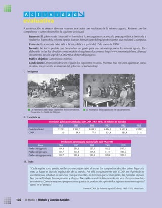A continuación se ofrecen diversos recursos asociados con resultados de la reforma agraria. Reúnete con dos
compañeros y juntos desarrollen la siguiente actividad.
Supuesto: El gobierno de Eduardo Frei Montalva ha encargado una campaña propagandística destinada a
resaltar los logros de la reforma agraria. Ustedes forman parte del equipo de expertos que realizará la campaña.
Contexto: La campaña debe salir a la luz pública a partir del 1º de enero de 1970.
Formato: Se les ha pedido que desarrollen un guión para un cortometraje sobre la reforma agraria. Para
elaborarlo se les ha ofrecido como modelo el siguiente documento: http://www.memoriachilena.cl/temas/
documento_detalle.asp?id=MC0029362 (deben descargarlo).
Público objetivo: Campesinos chilenos.
Condiciones: Deben considerar en el guión los siguientes recursos. Mientras más recursos aparezcan consi-
derados, mejor será la evaluación del gobierno al cortometraje.
I. Imágenes
II. Estadísticas
III. Texto
A c t i v i d a d
La importancia del trabajo cooperativo de los campesinos.
Cooperativa La Capilla de O`Higgins.
La importancia de la capacitación de los campesinos.
Inversiones públicas desarrolladas por CORA (1964- 1970), en millones de escudos
1964 1965 1966 1967 1968 1969
Gasto ﬁscal total 2.378,3 3.991,7 5.693,3 6.884,3 9.692,4 13.109,7
CORA 13,0 34,4 77,4 134,4 181,4 312,3
Fuente: CORA, La Reforma Agraria Chilena, 1965- 1970, obra citada.
Producción agropecuaria nacional (año base 1965= 100)
Años 1966 1967 1968 1969 1970
Producción agrícola 104,8 114,3 117,1 102,2 117,1
Producción pecuaria 107,7 107,8 109,8 117,7 123,6
Producción agropecuaria 105,7 111,4 113,8 109,8 120,1
Fuente: CORA, La Reforma Agraria Chilena, 1965- 1970, obra citada.
“Cada región, cada predio, recibe una meta que debe alcanzar. Los campesinos deciden cómo llegar a la
meta al hacer el plan de explotación de su predio. Por ello, conjuntamente con CORA en el período de
asentamiento, estudian los recursos con que cuentan, los terrenos que se manejarán, las personas disponi-
bles para el trabajo, las maquinarias y el agua. Todo ello es analizado buscando a la vez el mayor beneﬁcio
económico.Con este esquema programan sus gastos de producción y prevén los ingresos tanto en magnitud
como en el tiempo.”
Fuente: CORA, La Reforma Agraria Chilena, 1965- 1970, obra citada.
130 III Medio / Historia y Ciencias Sociales
U3 HISTORIA IIIº MEDIO 2012.indd 130 08-01-13 17:19
 