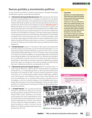 Nuevos partidos y movimientos políticos
Frei Montalva surgieron nuevos referentes políticos:
El Movimiento de Izquierda Revolucionario (MIR): organización de extrema
izquierda, fundado paralelamente en Santiago y Concepción, el 15 de agosto
de 1965, a partir de la fusión entre organizaciones marxistas (trotskistas) y ex
militantes del Partido Socialista. Su primer secretario general fue el, por entonces,
estudiante de medicina de la Universidad de Concepción,Miguel Enríquez. El
MIR postuló desde sus inicios la necesidad de una revolución socialista, y por
tanto, fue partidario de la vía armada. Durante el gobierno de Frei, el MIR se iden-
teniendo a la Universidad de Concepción como base social de apoyo (militantes
miristas ganaron las elecciones de la Federación de Estudiantes Universidad de
Concepción (FEC) consecutivamente entre 1967 y 1972); por otra, llevar a cabo,
una ola de asaltos (algunos de ellos bastante notorios públicamente), con el
consistía en la alianza entre los pobres del campo y la ciudad, frente a las clases
oligárquicas.
El Partido Nacional: surgió el 11 de mayo de 1966, a partir de la fusión entre
el Partido Liberal, el Conservador y la Acción Nacional. Respondió a la crisis
electoral que estaba sufriendo la derecha, ya que entre 1961 y 1965, su convo-
catoria electoral había caído desde un 31% a un 12% de los votos. El nuevo partido
se constituyó con la idea de establecer un programa liberal y laico (similar al de la
primera etapa del gobierno de Jorge Alessandri). Sus militantes eran partidarios
empeñados en “desarraigar las amenazas colectivistas y totalitarias que pesaban
sobre Chile” (según se consigna en el documento partidario titulado Partido
Nacional, Fundamentos doctrinarios y programáticos, de 1966).
El Movimiento de Acción Popular Unitaria (MAPU): fundado los días 17 y
18 de mayo de 1969 por ex militantes del PDC, desencantados con el gobierno
de Eduardo Frei y su incapacidad para llevar a cabo el proceso revolucionario
prometido en la campaña de 1964. Su primer secretario general fue Jacques
Chonchol y en su comisión política estaban jóvenes intelectuales y políticos
como Jaime Gazmuri, Jaime Estévez, Enrique Correa, Tomás Moulián, entre
lo ideológico, como en lo cultural y religioso, y con el establecimiento de un
-
dencial de esa alianza.
La Unidad Popular: fue una alianza electoral
formada en diciembre de 1969, por los mismos
partidos que habían integrado el Frente de Acción
Popular (FRAP, es decir, socialistas y comunistas),
más los aportes de nuevas organizaciones como
el Partido Radical, la Izquierda Radical, la Acción
Popular Independiente y el MAPU. Esta coalición
tenía por objetivo fundamental elaborar un pro-
elegiría el candidato presidencial del sector para
las elecciones de 1970.
El gremialismo
Elgremialismoesunmovimientopolíticofundadoen
1967porJaimeGuzmán,alinteriordelaUniversidad
Católica,enoposiciónalareformauniversitariaque
segestabaenestacasadeestudios.
Sostiene que el orden social debe basarse o
fundarseenlassociedadesintermedias,lasque
surgenentrelaspersonasyelEstado.Estasaso-
ciacioneslibrementegeneradasyconducidaspor
susintegrantes,debencumplirconsusobjetivos
y propios,descartandocualquierformade
ideologización o intervención del Estado.
Jaime Guzmán fue el líder de estemovimiento,
Movilización de partidarios del MIR.
Cuestiones
U N I D A D 3
1. RealizaunabiografíadeJaimeGuzmánsiguiendo
las orientaciones que se entregan en la página
103delTexto.
hastasuasesinatoenabrilde1991,pormiembros
delFrentePatrióticoManuelRodríguez.
Capítulo 1 / 1960, una década de profundas transformaciones 135
U3 HISTORIA IIIº MEDIO 2012.indd 135 08-01-13 17:20
 