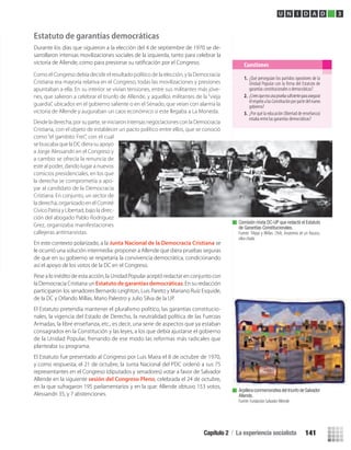 1. ¿Qué perseguían los partidos opositores de la
Unidad Popular con la ﬁrma del Estatuto de
garantías constitucionales o democráticas?
2.
elrespetoalasConstituciónporpartedelnuevo
¿Creesqueeraunapruebasuﬁcienteparaasegurar
gobierno?
3.
estaba entre las garantías democráticas?
¿Por qué la educación (libertad de enseñanza)
Cuestiones
Comisión mixta DC-UP que redactó el Estatuto
de Garantías Constitucionales.
Fuente: Filippi y Millas. Chile, Anatomía de un fracaso,
obra citada.
Arpillera conmemorativa del triunfo de Salvador
Allende.
Fuente: Fundación Salvador Allende.
U N I D A D 3
Estatuto de garantías democráticas
Durante los días que siguieron a la elección del 4 de septiembre de 1970 se de-
sarrollaron intensas movilizaciones sociales de la izquierda, tanto para celebrar la
En este contexto polarizado, a la Junta Nacional de la Democracia Cristiana se
le ocurrió una solución intermedia: proponer a Allende que diera pruebas seguras
de que en su gobierno se respetaría la convivencia democrática, condicionando
así el apoyo de los votos de la DC en el Congreso.
Pese a lo inédito de esta acción, la Unidad Popular aceptó redactar en conjunto con
la Democracia Cristiana un Estatuto de garantías democráticas. En su redacción
participaron los senadores Bernardo Leighton, Luis Pareto y Mariano Ruíz Esquide,
de la DC y Orlando Millas, Mario Palestro y Julio Silva de la UP.
El Estatuto pretendía mantener el pluralismo político, las garantías constitucio-
nales, la vigencia del Estado de Derecho, la neutralidad política de las Fuerzas
Armadas, la libre enseñanza, etc., es decir, una serie de aspectos que ya estaban
consagrados en la Constitución y las leyes, a los que debía ajustarse el gobierno
de la Unidad Popular, frenando de ese modo las reformas más radicales que
planteaba su programa.
El Estatuto fue presentado al Congreso por Luis Maira el 8 de octubre de 1970,
y como respuesta, el 21 de octubre, la Junta Nacional del PDC ordenó a sus 75
representantes en el Congreso (diputados y senadores) votar a favor de Salvador
Allende en la siguiente sesión del Congreso Pleno, celebrada el 24 de octubre,
en la que sufragaron 195 parlamentarios y en la que: Allende obtuvo 153 votos,
Alessandri 35, y 7 abstenciones.
Como el Congreso debía decidir el resultado político de la elección, y la Democracia
Cristiana era mayoría relativa en el Congreso, todas las movilizaciones y presiones
apuntaban a ella. En su interior se vivían tensiones, entre sus militantes más jóve-
nes, que salieron a celebrar el triunfo de Allende, y aquellos militantes de la “vieja
guardia”, ubicados en el gobierno saliente o en el Senado, que veían con alarma la
victoria de Allende y auguraban un caos económico si este llegaba a La Moneda.
Desdeladerecha,porsuparte,seiniciaronintensasnegociacionesconlaDemocracia
Cristiana, con el objeto de establecer un pacto político entre ellos, que se conoció
como “el gambito Frei”, con el cual
se buscaba que la DC diera su apoyo
a Jorge Alessandri en el Congreso y
a cambio se ofrecía la renuncia de
este al poder, dando lugar a nuevos
comicios presidenciales, en los que
la derecha se comprometía a apo-
yar al candidato de la Democracia
Cristiana. En conjunto, un sector de
la derecha, organizado en el Comité
Cívico Patria y Libertad, bajo la direc-
ción del abogado Pablo Rodríguez
Grez, organizaba manifestaciones
callejeras antimarxistas.
Capítulo 2 / La experiencia socialista 141
U3 HISTORIA IIIº MEDIO 2012.indd 141 08-01-13 17:20
 