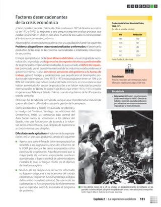 Factores desencadenantes
de la crisis económica
¿Cómo pasó la economía chilena, de cifras positivas en 1971 al desastre económi-
co de 1972 y 1973? La respuesta a esta pregunta requiere analizar procesos que
estaban ocurriendo en Chile en esos años, muchos de los cuales no correspondían
al ámbito estrictamente económico.
Algunosdelosfactoresqueprovocaronlacrisisysuagudización,fueronlossiguientes:
Problemas de gestión en sectores nacionalizados y reformados: el desempeño
productivo de las áreas de la economía nacionalizadas o estatizadas, estuvo lejos
de ser positivo.
El mejor ejemplo fue el de la Gran Minería del Cobre: una vez lograda la nacio-
nalización, se produjo una fuga masiva de expertos técnicos y profesionales
de las principales empresas nacionalizadas, lo que sumado al -
tos (provocado por el boicot internacional de las industrias estadounidenses al
gobierno chileno), y a las crecientes presiones del gobierno a la fuerza de
trabajo, generó huelgas y paralizaciones que perjudicaron el desempeño pro-
ductivo de esas empresas. Entre 1972 y 1973, estas produjeron entre un 70% y un
80% del total de lo que habían producido hasta entonces, en circunstancias que
habían aumentado los costos de producción y se habían reducido los precios
internacionales de la libra de cobre. Esto llevó a que entre 1972 y 1973, el cobre
no generara utilidades al Estado chileno, cuando el gobierno de la UP esperaba
todo lo contrario.
:elvolumendelasexpropia-
ciones creóungran caos productivo,debidoa losiguiente:
repartida a los asignatarios, pese a los esfuerzos de
la CORA por adecuar las tierras expropiadas como
parcelas de asignatarios. Aquello provocó que la
mayor parte de las tierras expropiadas quedaran
abandonadas o bajo el control de administradores
estatales, lo cual, de ningún modo, era el objetivo
de la reforma agraria.
Muchos de los campesinos del sector reformado
no lograron adaptarse a los incentivos del trabajo
cooperativo, y siguieron funcionando bajo la lógica
del incentivo monetario (salarios). De este modo, las
cooperativas no funcionaron todo lo eﬁcientemente
que se esperaba, como lo expresaba el programa
de gobierno.
En los últimos meses de la UP, se produjo un desabastecimiento de hortalizas en las
grandes ciudades del país y la gente se agolpaba en ferias y mercados para conseguirlas.
Fuente: Filippi, E. Millas H. Anatomía de un fracaso, obra citada.
U N I D A D 3
Producción de la Gran Minería del Cobre,
1969-1973
(En miles de toneladas métricas):
Fuente: Sutulov, A., obra citada.
Año Producción
1969 540
1970 541
1971 282
1972 289
1973 255,4
Procedimiento
Revisalasinstruccionesqueseentreganparaanalizar
información estadística en la página 70 delTexto.
Otro caso fue la industria intervenida, aunque aquí el problema fue más simple
que en el cobre: la diﬁcultad estuvo en la gestión de las empresas.
Como anotan Bitar y Pizarro (en La caída de Allende y
la Huelga del Teniente, Santiago: Las ediciones del
Ornitorrinco, 1986), las compañías bajo control del
Área Social nunca se sometieron a los planes del
Estado, sino que funcionaron de acuerdo a la volun-
tad de los interventores , que carecían de experiencia
y conocimientos para dirigirlas.
• Interventor(delEstado): eraunfuncionario
públiconombradoporlaDIRINCO(Direcciónde
IndustriayComercio),conampliasatribuciones
paraadministrarunaempresarecientemente
requisada por la misma institución.
Vocabulario
Capítulo 2 / La experiencia socialista 151
U3 HISTORIA IIIº MEDIO 2012.indd 151 08-01-13 17:21
 