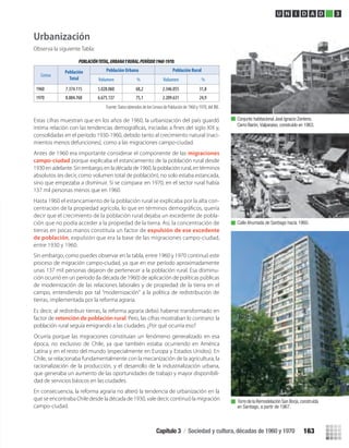 Urbanización
Observa la siguiente Tabla:
Estas cifras muestran que en los años de 1960, la urbanización del país guardó
consolidadas en el período 1930-1960, debido tanto al crecimiento natural (naci-
mientos menos defunciones), como a las migraciones campo-ciudad.
Antes de 1960 era importante considerar el componente de las migraciones
campo-ciudad porque explicaba el estancamiento de la población rural desde
1930 en adelante. Sin embargo, en la década de 1960, la población rural, en términos
absolutos (es decir, como volumen total de población), no solo estaba estancada,
sino que empezaba a disminuir. Si se compara: en 1970, en el sector rural había
137 mil personas menos que en 1960.
Hasta 1960 el estancamiento de la población rural se explicaba por la alta con-
centración de la propiedad agrícola, lo que en términos demográﬁcos, quería
decir que el crecimiento de la población rural dejaba un excedente de pobla-
ción que no podía acceder a la propiedad de la tierra. Así, la concentración de
tierras en pocas manos constituía un factor de expulsión de ese excedente
de población, expulsión que era la base de las migraciones campo-ciudad,
entre 1930 y 1960.
Es decir, al redistribuir tierras, la reforma agraria debió haberse transformado en
factor de retención de población rural. Pero, las cifras mostraban lo contrario: la
población rural seguía emigrando a las ciudades. ¿Por qué ocurría eso?
En consecuencia, la reforma agraria no alteró la tendencia de urbanización en la
que se encontraba Chile desde la década de 1930, vale decir, continuó la migración
campo-ciudad.
POBLACIÓNTOTAL,URBANAYRURAL.P
Censo
Población
Total
Población Urbana Población Rural
Volumen % Volumen %
1960 7.374.115 5.028.060 68,2 2.346.055 31,8
1970 8.884.768 6.675.137 75,1 2.209.631 24,9
Fuente: Datos obtenidos de los Censos de Población de 1960 y 1970, del INE.
Calle Ahumada de Santiago hacia 1960.
Torre de la Remodelación San Borja,construída
en Santiago, a partir de 1967.
U N I D A D 3
Sin embargo, como puedes observar en la tabla, entre 1960 y 1970 continuó este
proceso de migración campo-ciudad, ya que en ese período aproximadamente
unas 137 mil personas dejaron de pertenecer a la población rural. Esa disminu-
ción ocurrió en un período (la década de 1960) de aplicación de políticas públicas
de modernización de las relaciones laborales y de propiedad de la tierra en el
campo, entendiendo por tal “modernización” a la política de redistribución de
tierras, implementada por la reforma agraria.
Ocurría porque las migraciones constituían un fenómeno generalizado en esa
época, no exclusivo de Chile, ya que también estaba ocurriendo en América
Latina y en el resto del mundo (especialmente en Europa y Estados Unidos). En
Chile, se relacionaba fundamentalmente con la mecanización de la agricultura, la
racionalización de la producción, y el desarrollo de la industrialización urbana,
que generaba un aumento de las oportunidades de trabajo y mayor disponibili-
dad de servicios básicos en las ciudades.
Conjunto habitacional José Ignacio Zenteno,
Cerro Barón, Valparaíso, construido en 1963.
Capítulo 3 / Sociedad y cultura, décadas de 1960 y 1970 163
U3 HISTORIA IIIº MEDIO 2012.indd 163 08-01-13 17:22
 
