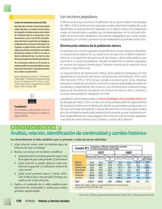 Los sectores populares
de 1960 y 1970, la de los sectores populares estaba claramente establecida: se les
rurales, el campesinado y aquellos que se desempeñaban en los sectores infor-
males de la economía: vendedores ambulantes, trabajadores por cuenta propia,
trabajadores sin contrato y previsión social, trabajadores ocasionales, entre otros.
Disminución relativa de la población obrera
En esta época los sectores populares (especialmente el sector obrero), enfrentaban
un mejoramiento relativo de sus condiciones de vida. Este se debió fundamen-
talmente a la expansión del gasto social del Estado, y del empleo público, que
convirtió a un sector de población ubicada socialmente en estratos populares,
en sectores de ingresos medios-bajos. También contribuyó la expansión de la
previsión y seguridad social.
Un segundo factor de disminución relativa de la población trabajadora en este
período fue el crecimiento del sector comercial, tanto formal (hasta 1970) como
informal (entre 1970 y 1973), lo que, sumado a la disminución de las empresas
pequeñas y medianas, provocó la conversión ocupacional de población obrera en
vendedores o dependientes del comercio. Con este fenómeno comenzó el largo
proceso de terciarización (ocupación en el sector terciario, es decir, comercio y
servicios) de la población trabajadora en Chile.
La población obrera representaba unsectorestratégicoenlasociedadchilenade
las décadas de 1960 y 1970. En el discurso de los partidos políticos, especialmente
de izquierda, el obrero era el objeto principal de sus postulados y propuestas, a la
vez que era la base principal de su fuerza electoral. Pero el mundo obrero estaba
lejos de ser hegemonizado políticamente por la izquierda, ya que importantes sec-
tores (especialmente los mejor pagados de la industria y de la minería), apoyaban
a sectores de centro (Democracia Cristiana), e, incluso de la derecha.
Lee detenidamente la tabla estadística que se presenta y realiza las tareas solicitadas:
1. ¿Qué relación existe entre los distintos tipos de
información que se entrega?
2. Realiza una lectura de los datos y establece:
¿Quésectordelaeconomíapresentamayornivel
de ocupación para cada período? ¿Cuál menos?
¿Qué relación se puede observar entre este
nivel de ocupación y la aﬁliación sindical de
cada sector?
¿Qué sector presenta mayor y menor aﬁlia-
ción sindical para cada período? Entrega una
explicación a esta situación.
3. Explica el contenido de la tabla estableciendo
relaciones de continuidad y cambio para ambos
periodos representados.
A c t i v i d a d
Limites del sindicalismo obrero en Chile
Hacia delosaños60,elmovimientosindical
chilenodejafueraaunampliosectordeobreros
delapequeñaymedianaempresaperotambién
de la industria textil, de la construcción y de la
alimentación:esdecir,másdel50%delproleta-
riadoindustrial,lamayoríadelcualtrabajabaen
establecimientosconmenosdediezobreros.Por
lo general, se puede concluir, como lo hace Alan
Angell,queunadelascaracterísticasmásnotables
del panorama sindical en Chile no era tanto su
falta de sindicalización sino más bien las serias
limitacioneslegalesquelehabíansidoimpuestas.
Así el movimiento sindical y la CUT poseían un
importante derepresentatividadensectores
enterosdelaclaseobrera,yespecialmentedentro
de los obreros manufactureros.
Fuente:adaptadode Gaudichaud,F.“Construyendo
“PoderPopular”:ElMovimientoSindicalylasluchas
obreras en el período de la UP”. En Pinto, J. (coord.)
Cuandohicimoshistoria.LaexperienciadelaUnidad
Popular, (2005). Santiago: LOM.
Fuente: Frías, P. , (1985). Santiago: Documentos del CED.
Procedimiento
Para interpretar la tabla estadística revisa las
orientacionesqueseentreganparasuanálisisenla
página 70 delTexto.
Análisis,relación,identificacióndecontinuidadycambiohistórico
III Medio / Historia y Ciencias Sociales170
U3 HISTORIA IIIº MEDIO 2012.indd 170 08-01-13 17:23
 