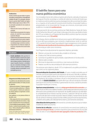 El ladrillo: bases para una
nueva política económica
Con el establecimiento de la Jefatura Suprema de la Nación, radicada en la persona
de Augusto Pinochet, se produjo un cambio de todos los ministros de Estado que,
en materia económica abrió las puertas al protagonismo de economistas formados,
en su mayoría, en la Escuela de Economía de la Pontiﬁcia Universidad Católica y
posgraduados en la Universidad de Chicago, por entonces, el principal centro
académico mundial del neoliberalismo.
A esta generación de economistas pertenecían Pablo Barahona, Sergio de Castro,
Emilio Sanfuentes, Manuel Cruzat, Sergio Undurraga, entre otros, que desde octubre
de 1973, ya contaba con un Programa de Desarrollo Económico, que fue conocido
posteriormente como“El Ladrillo”.
Sin embargo, diversos problemas en la burocracia superior del Estado postergaron
el inicio del nuevo programa, que comenzó a implementarse recién en abril de
1975, cuando el ministro Jorge Cauas adquirió mayor protagonismo con la creación
del Ministerio de Coordinación Económica y Desarrollo, que dejaba al Ministro
de Hacienda por sobre otros ministerios.
Este Programa buscaba alcanzar los siguientes objetivos generales:
Obtener una tasa de crecimiento alta y estable en el tiempo.
Erradicar de Chile la extrema pobreza.
Garantizar la igualdad de oportunidades, especialmente en la educación.
Obtener pleno empleo.
Minimizar la dependencia económica y crear reservas de divisas.
Realizar una efectiva descentralización del sistema económico.
Para alcanzar estos objetivos, desde 1975 se implementó una política económica
que contó con los siguientes pilares:
Descentralización Económica del Estado: el nuevo modelo postulaba que el
mercado sería la principal instancia de asignación de recursos. Para ello, se plantea-
ba que el Estado debía inhibirse de intervenir en la economía orientándose solo
a la regulación de la política monetaria y ﬁscal. En esta perspectiva se implantó el
principio de Estado subsidiario que quiere decir que, solo por excepción, el Estado
participa en la economía (invirtiendo, o gestionando recursos), cuando los privados
no pueden hacerlo por sí mismos.
Aperturacomercialexterior,mediantelarebajageneralizadadelosarancelesaun
nivelcercanoal30%(comoobjetivoinicial),lacualeraparejaparatodoslosproductos;la
eliminación de las prohibiciones de importación de aquellos productos que afectaban
la competitividad de la industria nacional; aumento y valoración del tipo de cambio
(aumentodelvalordelamonedanacionalenrelaciónaldólar)ymantenimientodeeste
tipodecambioeneltiempo,proporcionandocréditosparapromoverlasexportaciones,
y rediseño de las política de endeudamiento externo y de inversiones extranjeras.
Liberalización de los precios, eliminando los controles de precios que se habían
establecido sobre la economía.
Control de la inflación, mediante el control de las remuneraciones públicas, la
reducción del gasto fiscal, y cambios impositivos para aumentar los recursos del
Fisco. Se creó un nuevo impuestodevaloragregadoatodoslosproductos (IVA).
Neoliberalismo
Doctrinaeconómicaqueponeénfasisenaspectos
tecnocráticosymacroeconómicos.Sedesarrolladesde
mediados del siglo XX. Sus principales referentes
fueron los premios Nobel Friedrich von Hayek y
MiltonFriedman(quienestuvoenChileen1975).
Los principales postulados de esta escuela son
los siguientes:
• Reducción del rol inversor del Estado en la
economía.
• RoldelEstadocomopromotordelaempresa
privada y de control de la masa monetaria
(control de inflación).
• Establecimientodelpredominiodelmercado
enlaasignaciónderecursos,precioseingresos.
• Incentivoygarantíadelacompetenciacomo
necesidadparalograrcrecimientoeconómico.
• Aseguramiento de la libertad completa de
losprecios,incluyendoeldelamanodeobra
(salarios).
Contextualización
• Estado subsidiario: debe garantizar la
libertaddelciudadanoyelejerciciodesupropia
iniciativa en diversos ámbitos de la vida, no
soloenelplanoeconómico.Solodebehacerse
cargo de aquellas funciones o actividades
que, por su naturaleza (estrategias y/o bien
común y/o monto de recursos requeridos),
no pueden afrontar los particulares o no es
aconsejable que así sea.
Vocabulario
El	diagnóstico	de	la	Política	Económica	de	1975
“Losproblemasmássobresalientesdelaeconomía
chilenadurantelosúltimos30-40años,hansido
los siguientes:
1.Bajatasadecrecimiento;2.Estatismoexagerado;
3.Escasezdeempleosproductivos;4.Inflación;
5. Atraso agrícola; 6. Existencia de condiciones
de extrema pobreza en importantes sectores
de la población.
Estos problemas a su vez provocan efectos no
deseables como:
1. Mala asignación de los recursos productivos;
2.Limitadodesarrollodelsectorexterno;3.Baja
tasadecrecimientodelosrecursosproductivos;
4.Acciónindebidadegrupospoderosos;5.Déficit
fiscales;6.Cambiofrecuentedepolíticaseconó-
micas;7.Malusodelpoderpolítico;8.Déficitde
abastecimiento alimenticio.”
(Fuente:CEP,El“ladrillo”.Basesdelapolíticaeconómica
del gobierno militar chileno, Santiago: CEP, 1992).
III Medio / Historia y Ciencias Sociales202
U4 HISTORIA IIIº MEDIO 2012.indd 202 08-01-13 18:06
 