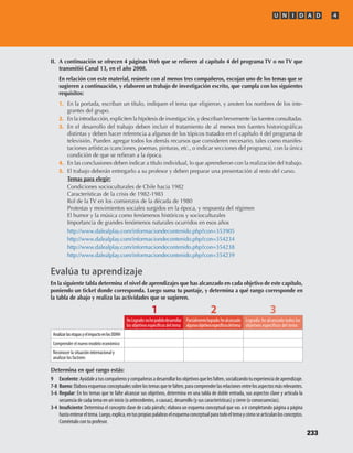 II.	 A	continuación	se	ofrecen	4	páginas	Web	que	se	refieren	al	capítulo	4	del	programa	TV	o	no	TV	que	
transmitió	Canal	13,	en	el	año	2008.
	 En	relación	con	este	material,	reúnete	con	al	menos	tres	compañeros,	escojan	uno	de	los	temas	que	se	
sugieren	a	continuación,	y	elaboren	un	trabajo	de	investigación	escrito,	que	cumpla	con	los	siguientes	
requisitos:
1.	 En	la	portada,	escriban	un	título,	indiquen	el	tema	que	eligieron,	y	anoten	los	nombres	de	los	inte-
grantes	del	grupo.
2.	 En	la	introducción,	expliciten	la	hipótesis	de	investigación,	y	describan	brevemente	las	fuentes	consultadas.
3.	 En	el	desarrollo	del	trabajo	deben	incluir	el	tratamiento	de	al	menos	tres	fuentes	historiográficas	
distintas	y	deben	hacer	referencia	a	algunos	de	los	tópicos	tratados	en	el	capítulo	4	del	programa	de	
televisión.	Pueden	agregar	todos	los	demás	recursos	que	consideren	necesario,	tales	como	manifes-
taciones	artísticas	(canciones,	poemas,	pinturas,	etc.,	o	indicar	secciones	del	programa),	con	la	única	
condición	de	que	se	refieran	a	la	época.
4.	 En	las	conclusiones	deben	indicar	a	título	individual,	lo	que	aprendieron	con	la	realización	del	trabajo.
5.	 El	trabajo	deberán	entregarlo	a	su	profesor	y	deben	preparar	una	presentación	al	resto	del	curso.
	 	 Temas	para	elegir:
	 	 Condiciones	socioculturales	de	Chile	hacia	1982
	 	 Características	de	la	crisis	de	1982-1983
	 	 Rol	de	la	TV	en	los	comienzos	de	la	década	de	1980
	 	 Protestas	y	movimientos	sociales	surgidos	en	la	época,	y	respuesta	del	régimen
	 	 El	humor	y	la	música	como	fenómenos	históricos	y	socioculturales
	 	 Importancia	de	grandes	fenómenos	naturales	ocurridos	en	esos	años	
http://www.dalealplay.com/informaciondecontenido.php?con=353905
http://www.dalealplay.com/informaciondecontenido.php?con=354234
http://www.dalealplay.com/informaciondecontenido.php?con=354238
http://www.dalealplay.com/informaciondecontenido.php?con=354239
Determina	en	qué	rango	estás:
9	 Excelente:Ayúdaleatuscompañerosycompañerasadesarrollarlosobjetivosquelesfalten,socializandotuexperienciadeaprendizaje.
7-8	 Bueno:Elaboraesquemasconceptualessobrelostemasquetefalten,paracomprenderlasrelacionesentrelosaspectosmásrelevantes.
5-6	 Regular: En los temas que te falte alcanzar sus objetivos, determina en una tabla de doble entrada, sus aspectos clave y articula la
secuencia de cada tema en un inicio (o antecedentes, o causas), desarrollo (y sus características) y cierre (o consecuencias).
3-4	 Insuficiente: Determina el concepto clave de cada párrafo; elabora un esquema conceptual que vas a ir completando página a página
hastaenterareltema.Luego,explica,entuspropiaspalabraselesquemaconceptualparatodoeltemaycómosearticulanlosconceptos.
Coméntalo con tu profesor.
Evalúa tu aprendizaje
En	la	siguiente	tabla	determina	el	nivel	de	aprendizajes	que	has	alcanzado	en	cada	objetivo	de	este	capítulo,	
poniendo	un	ticket	donde	corresponda.	Luego	suma	tu	puntaje,	y	determina	a	qué	rango	corresponde	en	
la	tabla	de	abajo	y	realiza	las	actividades	que	se	sugieren.
1 2 3
NoLogrado:nohepodidodesarrollar
los objetivos específicos del tema
Parcialmentelogrado:healcanzado
algunosobjetivosespecíficosdeltema
Logrado: he alcanzado todos los
objetivos específicos del tema
AnalizarlasetapasyelimpactoenlosDDHH
Comprender el nuevo modelo económico
Reconocer la situación internacional y
analizar los factores
U N I D A D 4
233
U4 HISTORIA IIIº MEDIO 2012.indd 233 08-01-13 18:06
 