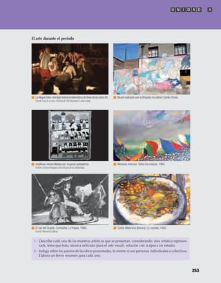 1.	 Describe	cada	una	de	las	muestras	artísticas	que	se	presentan,	considerando:	área	artística	represen-
tada,	tema	que	trata,	técnica	utilizada	(para	el	arte	visual),	relación	con	la	época	en	estudio.
2.	 Indaga	sobre	los	autores	de	las	obras	presentadas,	lo	mismo	si	son	personas	individuales	o	colectivos.	
Elabora	un	breve	resumen	para	cada	uno.
El	arte	durante	el	período
La Negra Ester,montaje teatral emblemático de ﬁnes de los años 80.
Fuente Cruz, N. y otros. HistoriadeChileIlustradaII, obra citada.
Arpilleras desarrolladas por mujeres pobladoras.
Fuente: Archivo fotográco de laVicaría de la Solidaridad.
El rap del Quijote, Compañía La Troppa, 1989.
Fuente: Memoria Chilena.
Mural realizado por la Brigada muralista Camilo Torres.
Nemesio Antúnez. Todos los colores, 1984.
Carlos Maturana (Bororo). La cazuela, 1982.
U N I D A D 4
253
U4 HISTORIA IIIº MEDIO 2012.indd 253 08-01-13 18:07
 