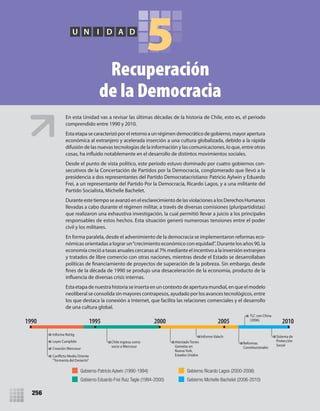 256
5U N I D A D
Recuperación
de la Democracia
En esta Unidad vas a revisar las últimas décadas de la historia de Chile, esto es, el periodo
comprendido entre 1990 y 2010.
Esta etapa se caracterizó por el retorno a un régimen democrático de gobierno, mayor apertura
económica al extranjero y acelerada inserción a una cultura globalizada, debido a la rápida
difusión de las nuevas tecnologías de la información y las comunicaciones, lo que, entre otras
cosas, ha influido notablemente en el desarrollo de distintos movimientos sociales.
Desde el punto de vista político, este período estuvo dominado por cuatro gobiernos con-
secutivos de la Concertación de Partidos por la Democracia, conglomerado que llevó a la
presidencia a dos representantes del Partido Democratacristiano: Patricio Aylwin y Eduardo
Frei, a un representante del Partido Por la Democracia, Ricardo Lagos, y a una militante del
Partido Socialista, Michelle Bachelet.
DuranteestetiemposeavanzóenelesclarecimientodelasviolacionesalosDerechosHumanos
llevadas a cabo durante el régimen militar, a través de diversas comisiones (pluripartidistas)
que realizaron una exhaustiva investigación, la cual permitió llevar a juicio a los principales
responsables de estos hechos. Esta situación generó numerosas tensiones entre el poder
civil y los militares.
En forma paralela, desde el advenimiento de la democracia se implementaron reformas eco-
nómicas orientadas a lograr un“crecimiento económico con equidad”. Durante los años 90, la
economía creció a tasas anuales cercanas al 7% mediante el incentivo a la inversión extranjera
y tratados de libre comercio con otras naciones, mientras desde el Estado se desarrollaban
políticas de financiamiento de proyectos de superación de la pobreza. Sin embargo, desde
fines de la década de 1990 se produjo una desaceleración de la economía, producto de la
influencia de diversas crisis internas.
Esta etapa de nuestra historia se inserta en un contexto de apertura mundial, en que el modelo
neoliberal se consolida sin mayores contrapesos, ayudado por los avances tecnológicos, entre
los que destaca la conexión a Internet, que facilita las relaciones comerciales y el desarrollo
de una cultura global.
Leyes Cumplido
Creación Mercosur
Conflicto Medio Oriente
“Tormenta del Desierto”
Informe Rettig
Chile ingresa como
socio a Mercosur
Atentado Torres
Gemelas en
Nueva York,
Estados Unidos
Informe Valech Sistema de
Protección
Social
Reformas
Constitucionales
TLC con China
(2006)
1990 1995 2000 2005 2010
Gobierno Patricio Aylwin (1990-1994)
Gobierno Eduardo Frei Ruiz Tagle (1994-2000)
Gobierno Ricardo Lagos (2000-2006)
Gobierno Michelle Bachelet (2006-2010)
U5 HISTORIA IIIº MEDIO 2012.indd 256 09-01-13 16:19
 