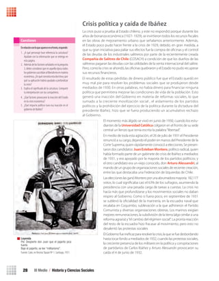 III Medio / Historia y Ciencias Sociales28
Crisis política y caída de Ibáñez
La crisis puso a prueba al Estado chileno, y este no respondió porque durante los
años de bonanza económica (1927- 1929), se invirtieron todos los recursos ﬁscales
en las obras de mejoramiento urbano que señalamos anteriormente. Además,
el Estado poco pudo hacer frente a la crisis de 1929, debido, en gran medida, a
que su gran iniciativa para paliar sus efectos fue la compra de oﬁcinas y el control
de las deudas de los industriales salitreros por parte de la recientemente creada
Compañía de Salitres de Chile (COSACH) a condición de que los dueños de las
salitreras pagaran las deudas con las utilidades de la venta internacional del salitre.
Pero, como la crisis se ahondó, las oﬁcinas quebraron y el Estado no pudo recuperar
sus recursos ﬁnancieros.
El resultado de estas pérdidas de dinero público fue que el Estado quedó en
muy mal pie para resolver los problemas sociales que se produjeron desde
mediados de 1930. En otras palabras, no había dinero para financiar ninguna
política que permitiera mejorar las condiciones de vida de la población. Esto
generó una inacción del Gobierno en materia de reformas sociales, lo que
sumado a la creciente movilización social , el aislamiento de los partidos
políticos y la prohibición del ejercicio de la política durante la dictadura del
presidente Ibáñez, hizo que se fuera produciendo un acumulativo rechazo
al Gobierno.
El momento más álgido se vivió en junio de 1930, cuando los estu-
diantes de la Universidad Católica colgaron en el frontis de su sede
central un lienzo que tenía escrita la palabra“libertad”.
En medio de toda esta agitación, el 26 de julio de 1931 el Presidente
renunció a su cargo, dejando el poder en manos del Presidente de la
Corte Suprema, quien rápidamente convocó a elecciones. Se presen-
taron dos candidatos: JuanEstebanMontero, político radical, quien
había formado parte de un gabinete de crisis de Ibáñez a mediados
de 1931, y era apoyado por la mayoría de los partidos políticos; y
el otro candidato era un viejo conocido, don Arturo Alessandri, al
mando de un grupo de organizaciones sociales de reciente creación,
entre las que destacaba una Federación de Izquierdas de Chile.
LaseleccioneslasganóMonteroporunaabrumadoramayoría:182.177
votos, lo cual signiﬁcaba casi el 63% de los sufragios, asumiendo la
presidencia con una pesada carga de tareas a cuestas. La crisis no
hacía más que profundizarse y los movimientos sociales no daban
respiro al Gobierno. Como si fuera poco, en septiembre de 1931
se sublevó la oﬁcialidad de la marinería, en la escuadra naval que
recalaba en Coquimbo, sublevación a la que adhirieron el Partido
Comunista y diversas organizaciones obreras. Los marinos exigían
mejores remuneraciones, la subdivisión de la tierra (algo similar a una
reforma agraria) y“el cambio del régimen social”. La pronta reacción
del resto de la escuadra hizo fracasar al movimiento, pero esto no
desalentó las protestas sociales
ElGobiernofueineﬁcazpararesolverlacrisis,laquesefuedesbordando
hasta tocar fondo a mediados de 1932, cuando las protestas sociales,
la creciente presencia de los militares en la política y conspiraciones
de partidarios de Carlos Ibáñez y Arturo Alessandri provocaron su
caída el 4 de junio de 1932.
Enrelaciónconloqueapareceeneltexto,responde:
1. ¿A qué personaje hace referencia la caricatura?
Ayúdate con la información que se entrega en
esta página.
2. Ademásdelosfactoresseñaladosenlapregunta
3, debes considerar que en aquella época todos
losgobiernossuscribíanalliberalismoenmateria
económica.¿Enquéconsistíaestadoctrinaypor
qué su aplicación habría ayudado a profundizar
la crisis?
3. Explica el signiﬁcado de la caricatura. Comparte
tu interpretación con tus compañeros.
4. ¿Qué factores provocaron la inacción del Estado
en la crisis económica?
5. ¿Qué impacto político tuvo esa inacción en el
gobierno de Ibáñez?
Cuestiones
Leyenda
Pie: Despierte don Juan que el pajarito pica
fuerte.
Bajo el pajarito, se lee “militarismo”.
Fuente: Coke, en RevistaTopaze Nº 1. Santiago, 1931.
U1 HISTORIA IIIº MEDIO 2012.indd 28 07-01-13 16:34
 