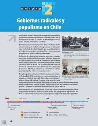 2U N I D A D
Gobiernos radicales y
populismo en Chile
La presente Unidad corresponde a un período de grandes y
manifestaron en todos los ámbitos de la realidad: económico,
económico del país mediante el surgimiento y consolidación
deunaestrategiadeindustrializaciónquetuvoalEstadocomo
principal promotor, pero que postulaba a los empresarios
privados como sus principales protagonistas.
En función de esto, en el país surgieron numerosas y grandes
industrias, aumentó explosivamente la población urbana, las
ciudades crecieron, se multiplicaron los mediosde transportes
(particulares y colectivos), aparecieron las primeras señales
de una sociedad de masas, con un importante desarrollo de
medios de comunicación como la radio y el cine y, más tarde,
la televisión. Además, se realizaron un sinnúmero de eventos
y de espectáculos masivos nunca vistos antes.
Enelplanopolítico,sefortalecieronlastendenciasqueseiniciaron
en la década de 1930, pero surgieron nuevas prácticas (que se
esbozaneneltítulodelaUnidad).Hubogobiernosquebuscaron
alcanzareldesarrollonacionalylajusticiasocial,generalmente,a
travésdeinstitucioneseconómicasqueinvirtierongrandesrecursosenfuncióndeestrategias
productivasysociales,yavecestambién,haciendousodeprácticaspopulistas,destinadasa
Resumiendo, fue una época excitante, en la que el cambio y la modernidad no estuvieron
reservados a unos pocos, sino que fueron vividos por gran parte de la población. Por
todo lo anterior, te invitamos a revisar este apasionante período de la Historia de Chile.
Valparaíso, 1953.
Fuente: Morrison, A. Los trolebuses de Valparaíso, Chile. En
http://www.tramz.com/cl/v/va01.jpg, sitio levantado en
noviembre de 2006.
Calle Manuel Antonio Matta, Antofagasta, 1960.
Fuente: Archivo fotográﬁco Museo Histórico Nacional.
En Memoria Chilena.
Gobierno de Pedro Aguirre Cerda
Gobierno de Juan Antonio Ríos
Gobierno de Gabriel González Videla
Gobiernos Radicales
Gobierno de Carlos Ibáñez del Campo
Implantación
Modelo ISI
Creación CORFO
Frente Popular
Ley de Defensa
de la Democracia
Sufragiopresidencialfemenino Desgaste Modelo ISI
Fundación Central Única
deTrabajadores
1938 1948 1958
48
U2 HISTORIA IIIº MEDIO 2012.indd 48 07-01-13 17:41
 