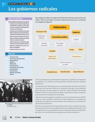 Los gobiernos radicales
Como una ayuda para que interpretes el esquema, te sugerimos que agregues
las palabras y los conectores correspondientes después de leer la siguiente
explicación.
Las elecciones de 1938 inauguraron un período político de la Historia de Chile,
por la elección de tres presidentes sucesivos, todos militantes del Partido
Radical. En ellos se desarrollaron grandes e importantes reformas políticas
que provocaron el desgaste de los partidos.
Además, durante los gobiernos radicales, a partir de la fundación de la CORFO
surgió un nuevo modelo económico el cual estableció una estrategia de
ciertas áreas productivas
Entre las consecuencias más importantes de este nuevo modelo estuvieron
las transformaciones de la sociedad chilena de mediados del siglo XX, como
el surgimiento de una sociedad de masas, el desarrollo urbano y la aplicación
del nuevo rol social del Estado, expresado en el Estado benefactor.
1938 y 1952. En este lapso ocurrieron diversos procesos que se sintetizan
en el siguiente esquema:Enestecapítulonosinteresaqueseascapazde:
• EntenderquehaciamediadosdelsigloXXenla
sociedadchilenaseadoptóunnuevomodelo
económico,orientadoalaindustrializacióny
sustitución de importaciones.
• Comprenderque,las delsistema
políticorealizadasduranteelperíodoradical,
condicionaroneldesarrolloeconómicoysocial.
• Evaluarelimpactoquetuvieronlastransfor-
macioneseconómicasypolíticasenlasociedad
chilena de mediados del siglo XX.
• Establecerrelacionesdecontinuidadycambio
respectodelosanterioresperiodosestudiados.
• Interpretar y analizar fuentes escritas, esta-
dísticas e
• Establecer relaciones causa-efecto.
Objetivos de Aprendizajes
• Elecciones de 1938
• Características del período radical
• Reformas políticas
• Modelo ISI
• CORFO y CEPAL
• Áreas de desarrollo
• Rol del Estado y de los privados
• Estado benefactor
• Desarrollo urbano
• Medios de comunicación
• Deportes.
Temas clave
PC ÍA T U L O 1
PERÍODO RADICAL
Ley Maldita
Sociedad de masas
Elecciones de 1938
Desarrollo urbano Estado de Bienestar
Desgaste de los
partidos políticos
Áreas productivas
Principales
reformas
Características políticas
Sufragio
femenino
Presidentes
radicales
CORFO
Privados Estado
Modelo ISI
Transformaciones
sociales
PedroAguirre Cerda acompañado por representantes
del MEMch.
Fuente: Memoria Chilena.
p g
III Medio / Historia y Ciencias Sociales52
U2 HISTORIA IIIº MEDIO 2012.indd 52 07-01-13 17:41
 